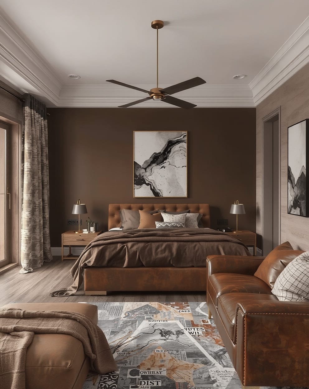 Chocolate brown accent wall with velvet, leather, and wood textures