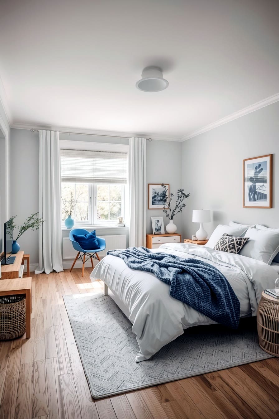 Achieve spacious serenity with blue furniture and white walls
