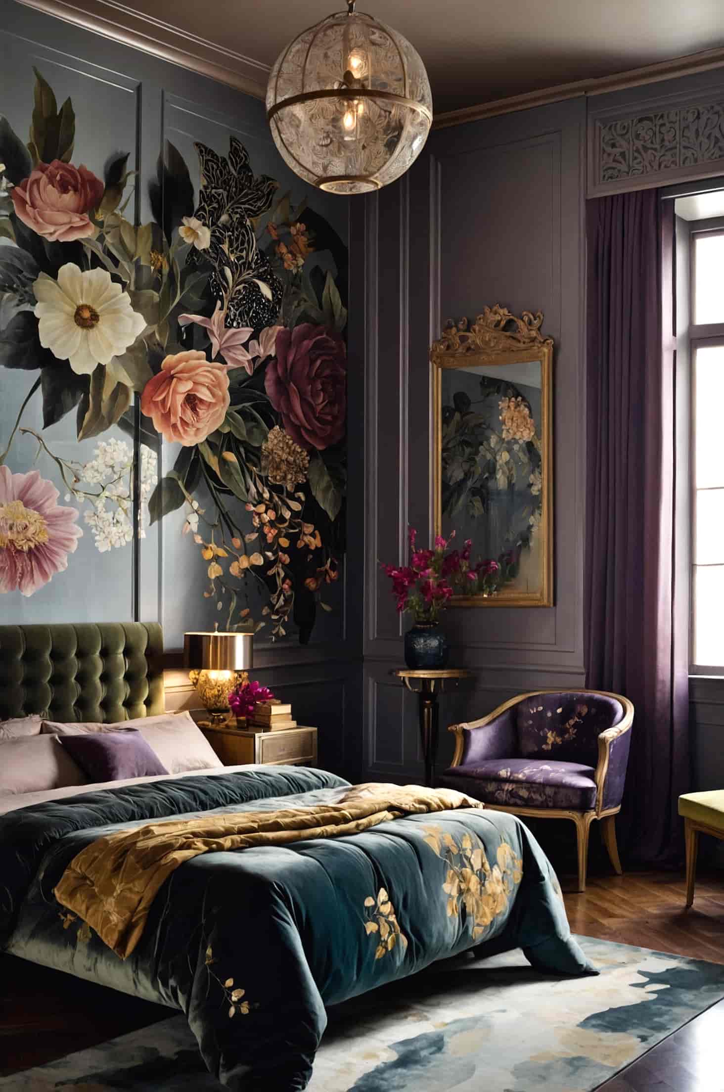 Add drama and charm with a dark mural above your bed