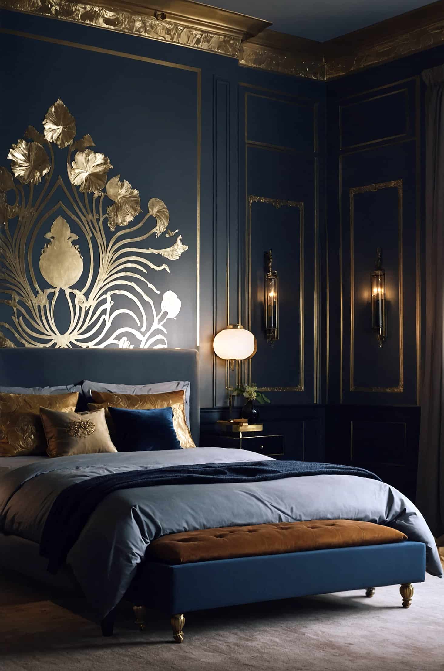 Add intrigue to your dark bedroom with golden ornamental wall accents