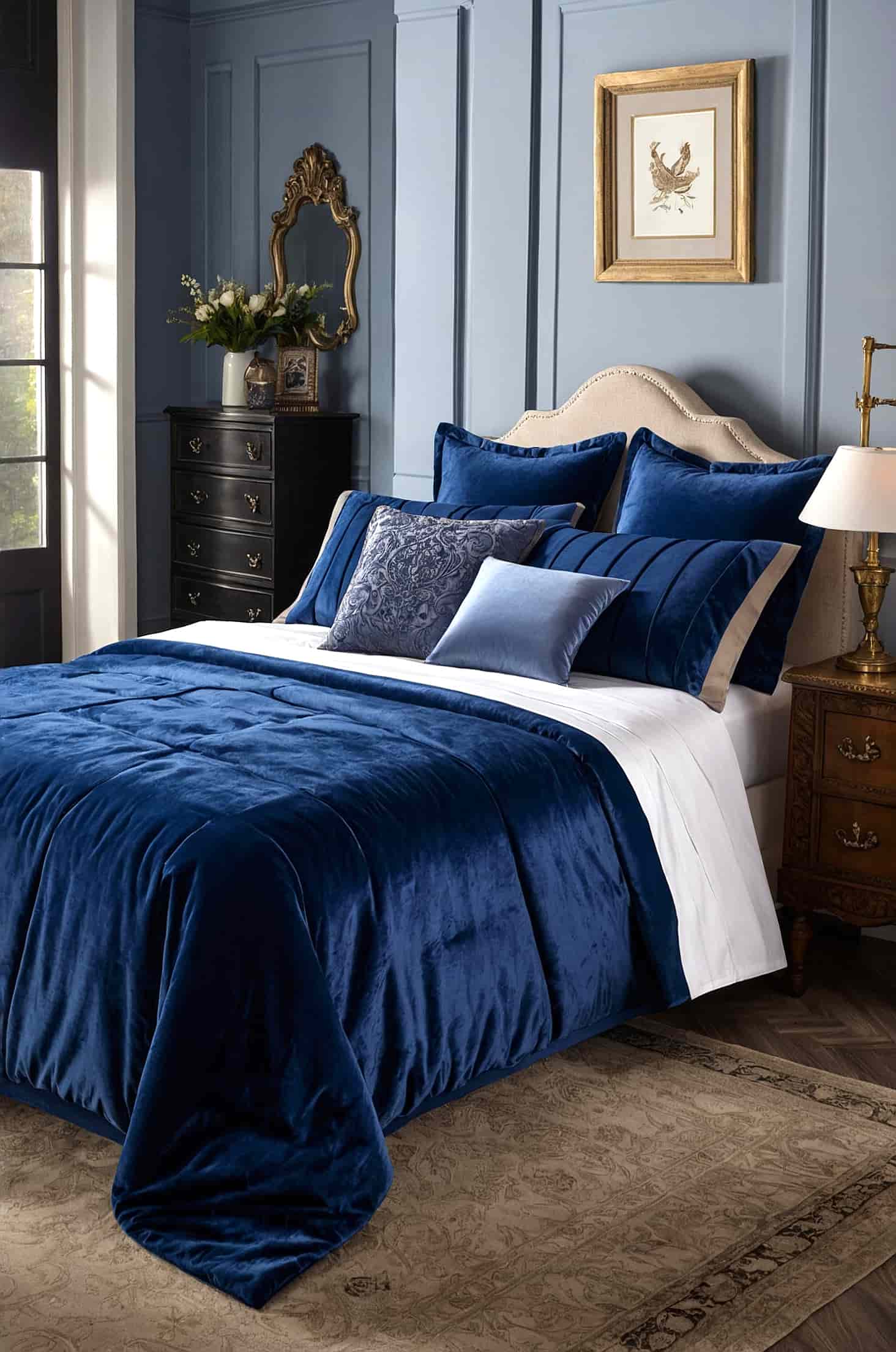 Add luxurious depth to your bedroom with blue velvet accents
