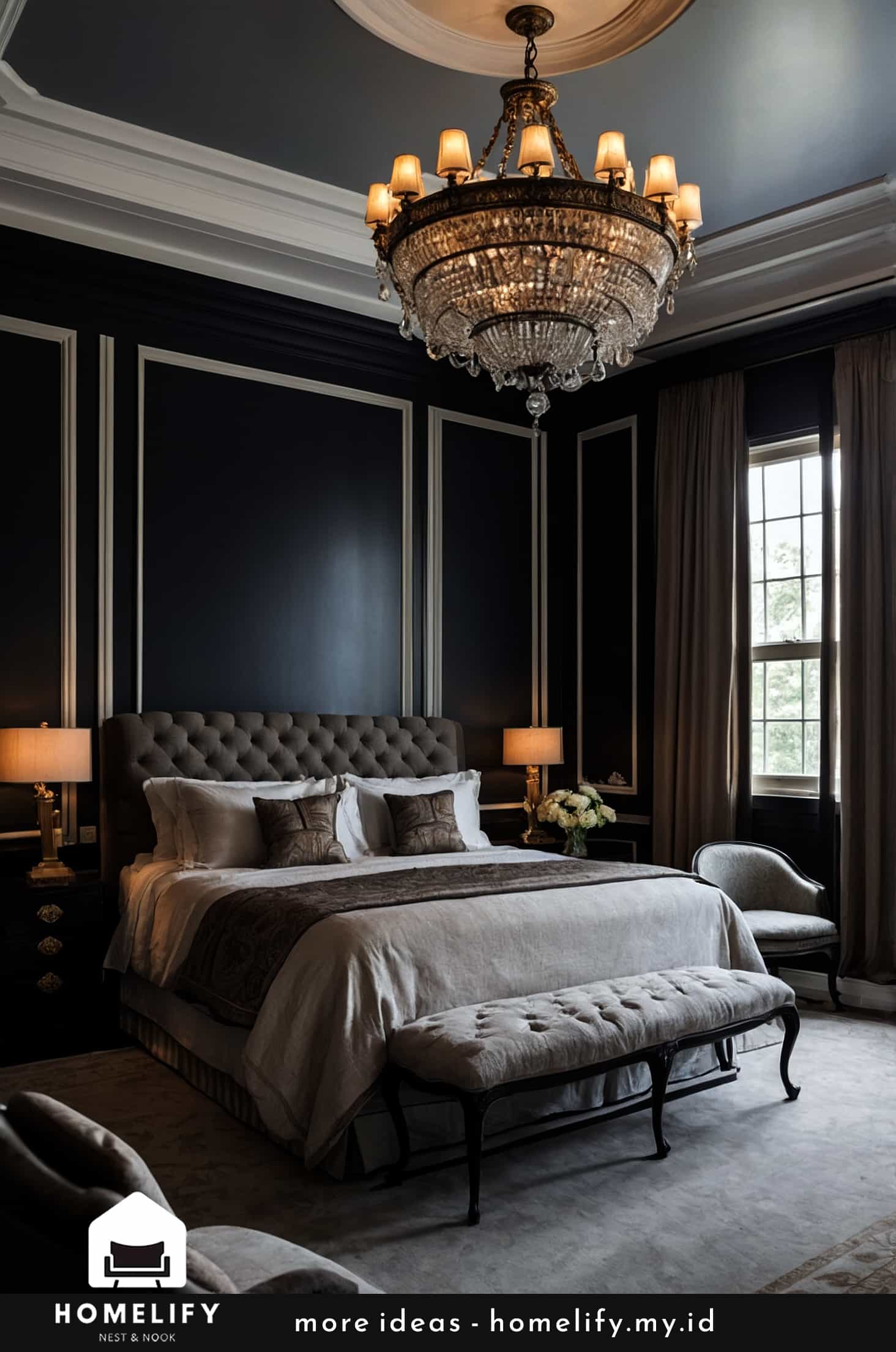 Add refinement to your dark bedroom with detailed wall moldings