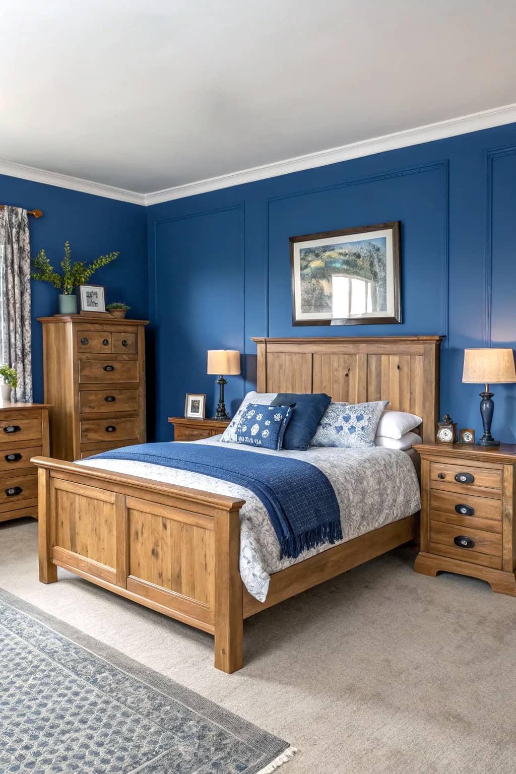 Balance cool blue tones with warm wooden elements for a cozy bedroom