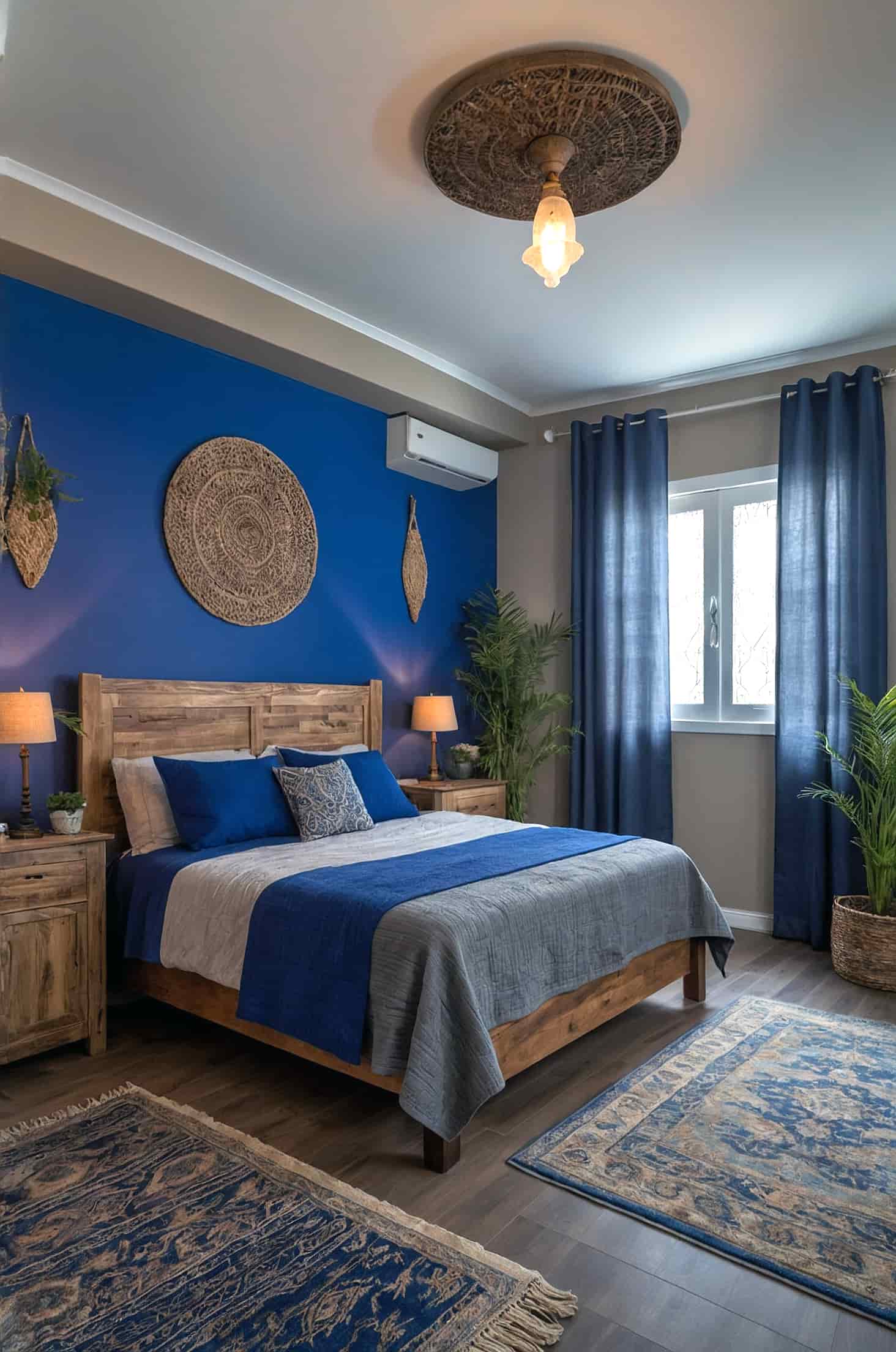 Balance cool blue with earthy tones for a cozy, inviting bedroom