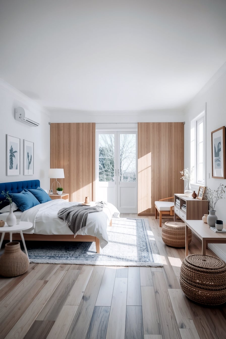 Balance serenity and space with blue furniture and white walls