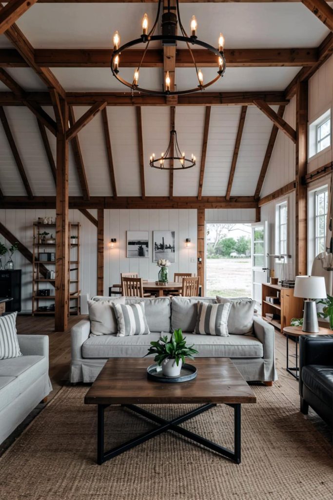 Balancing rustic & modern in barndominium living rooms