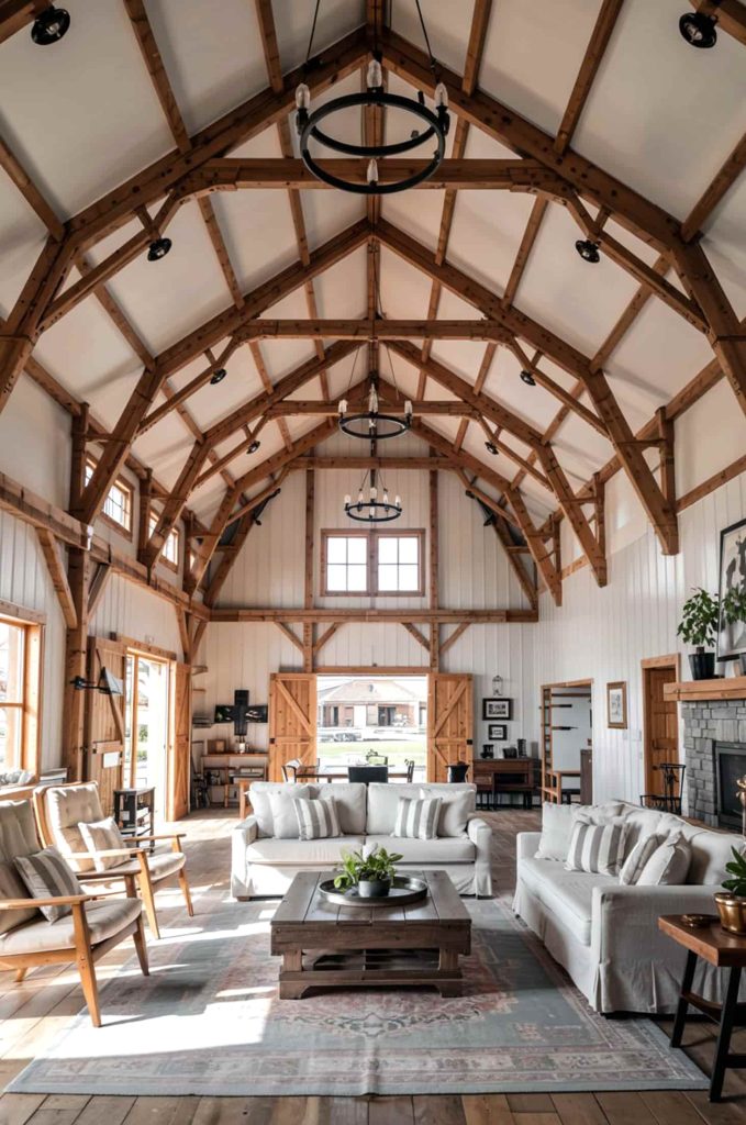 Barndominium living room high ceilings, exposed trusses & industrial charm