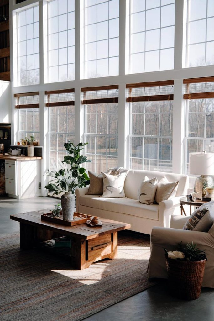 Barndominium living room natural light & cozy ambiance