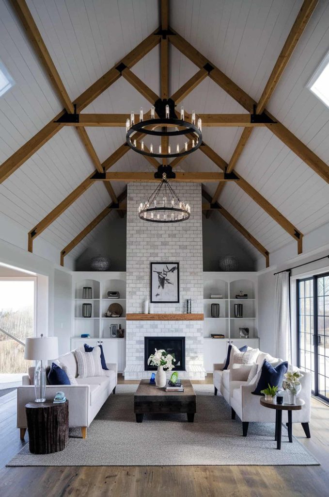 Barndominium living room vaulted ceilings and exposed trusses for grandeur