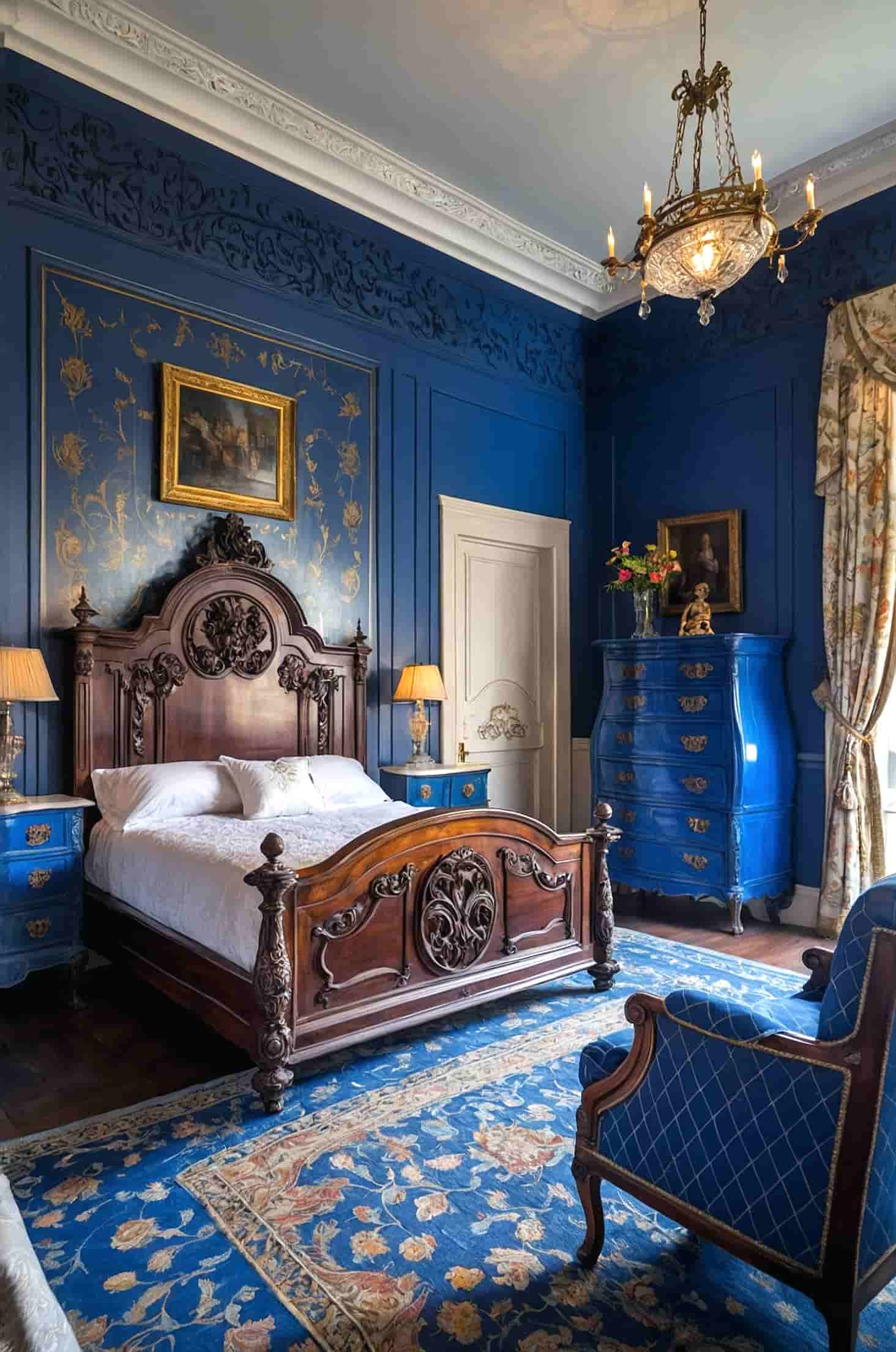 Blend antique charm with modern blue tones for a unique bedroom design