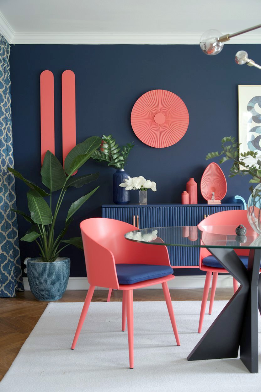 Bold blue & coral accents in a modern nordic dining room