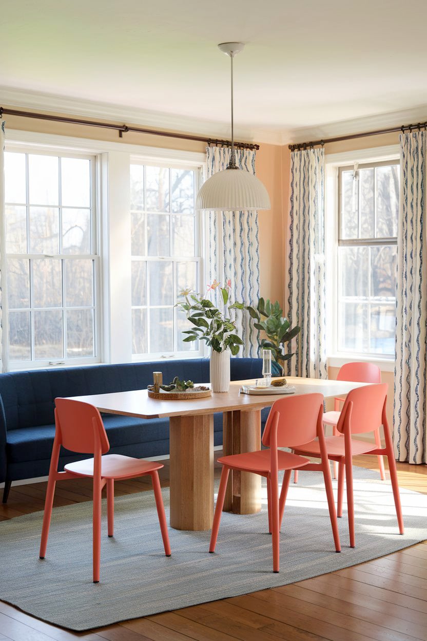 Bright & airy dining room with blue & coral furniture