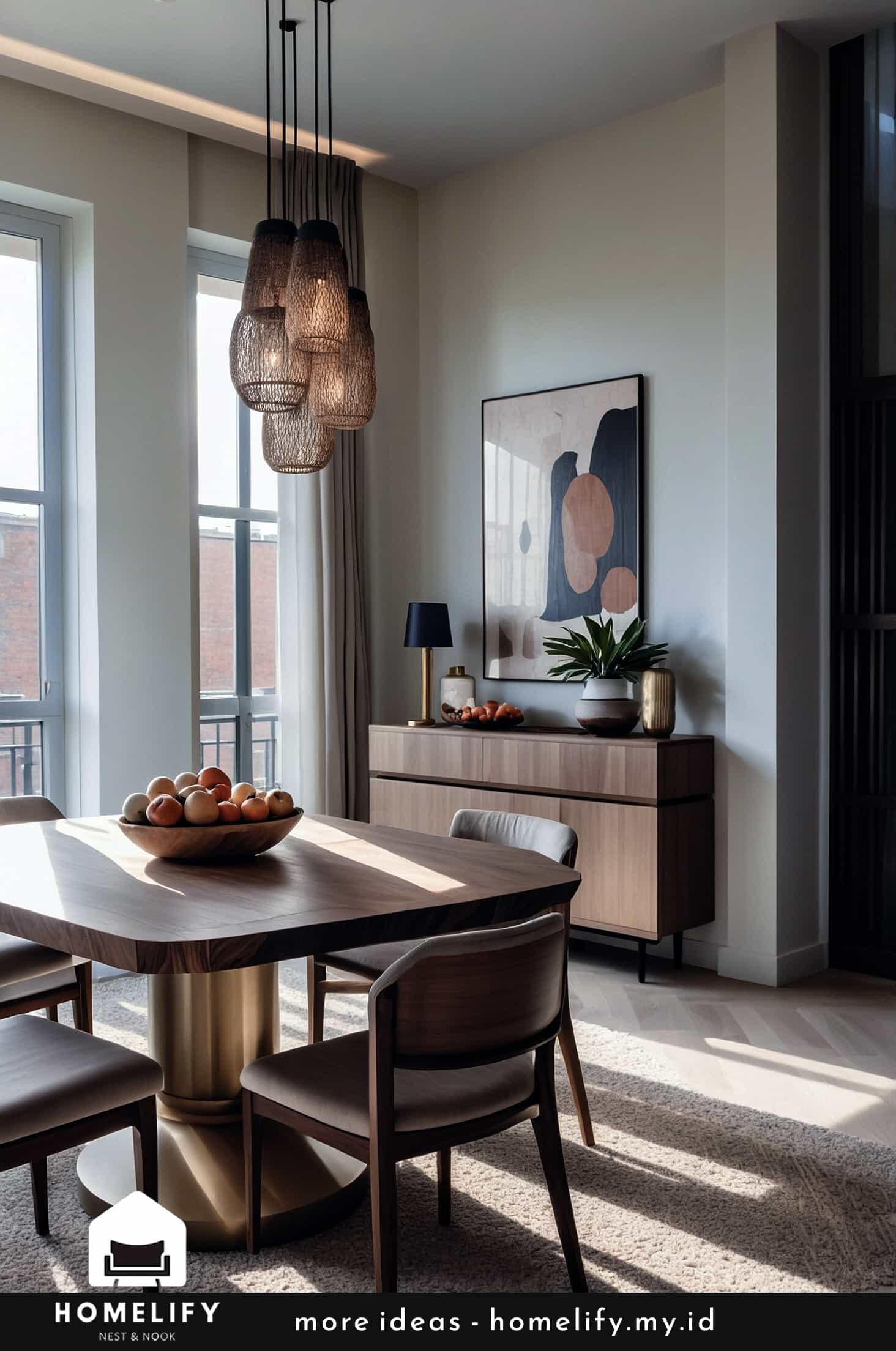 Chic apartment dining room brown and cream palette with wood and gold details