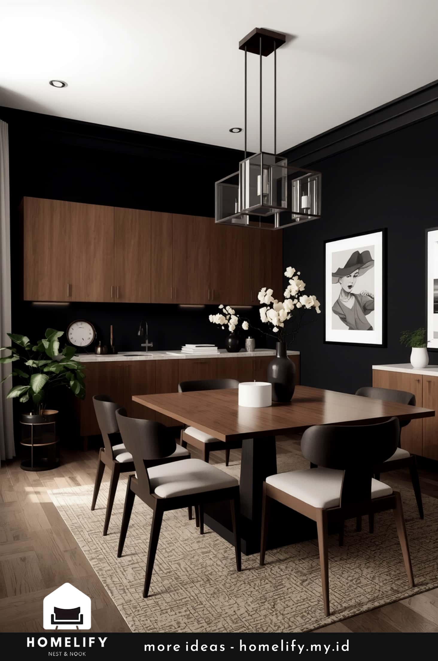 Chic city apartment with black walls and warm brown wood cabinets