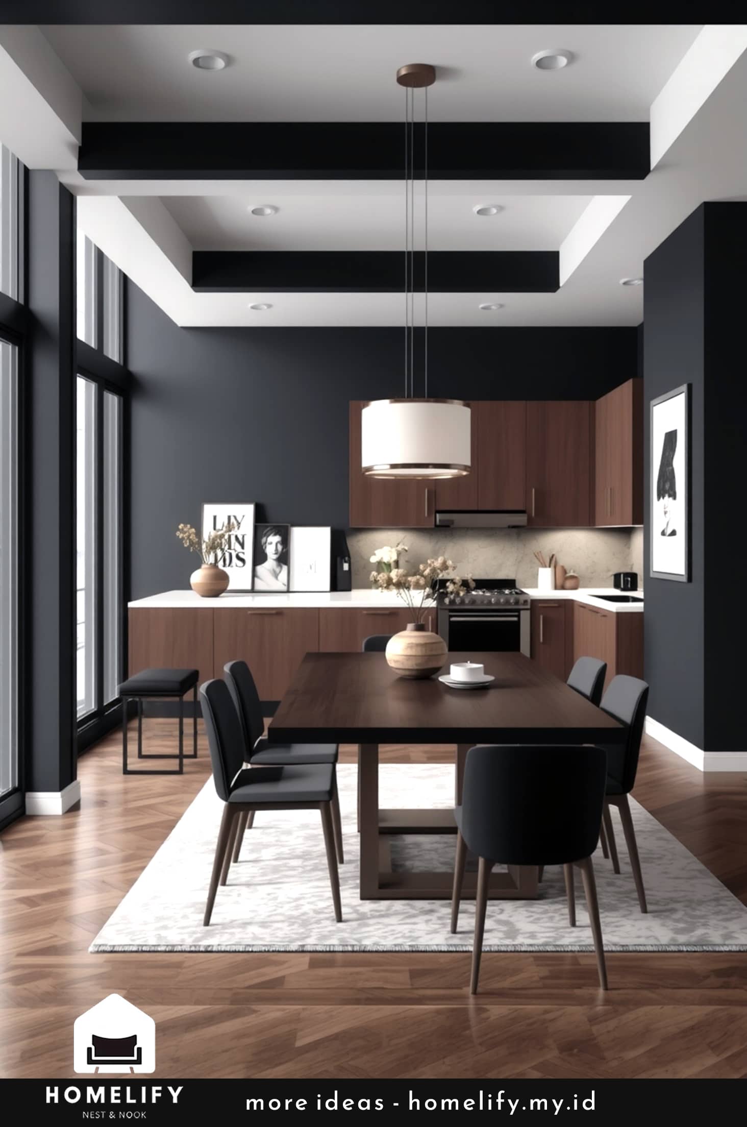 Chic city loft with black walls and brown wood cabinets