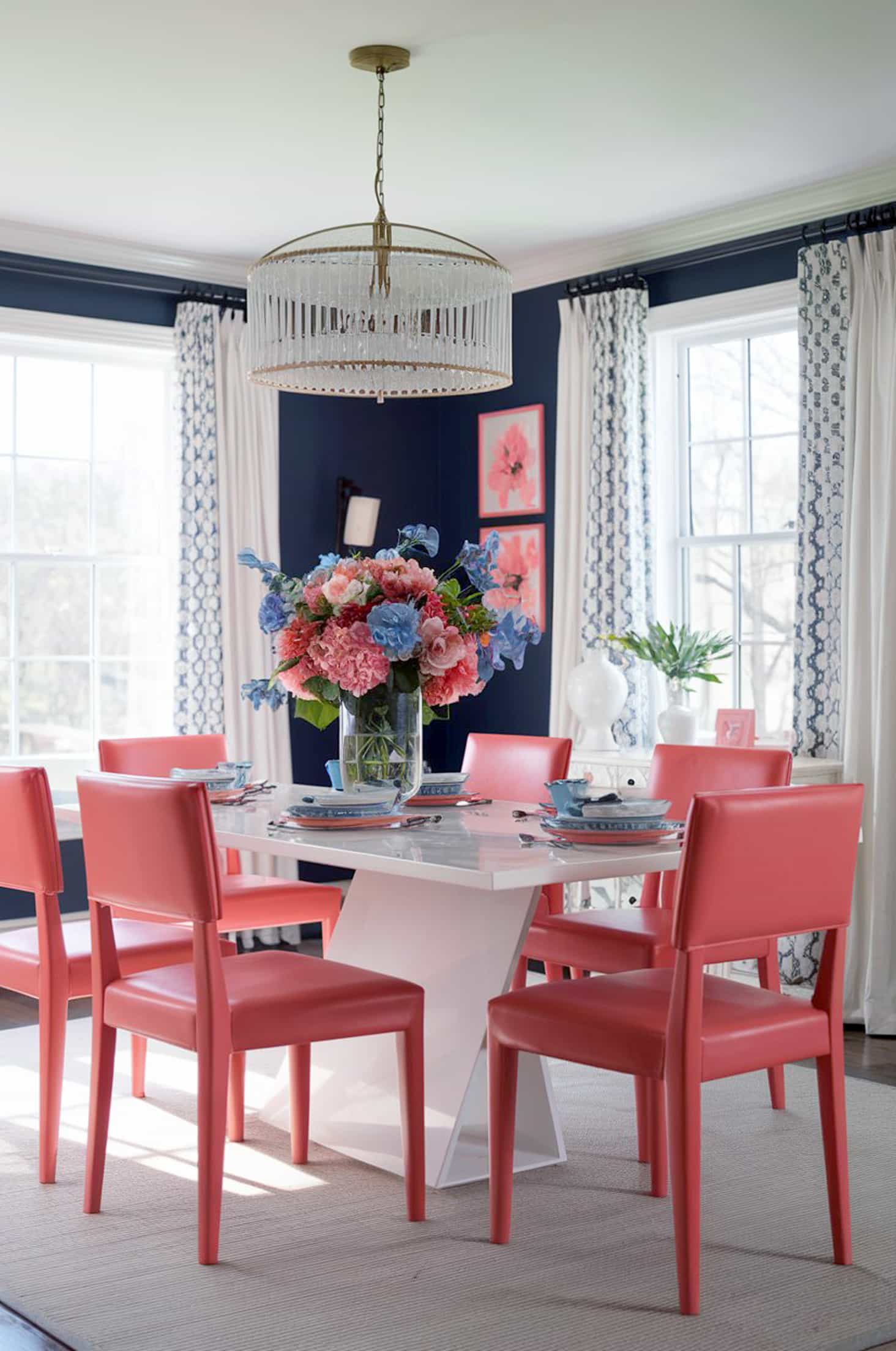 Chic coral & navy dining room with white table, coral chairs, and floral vase