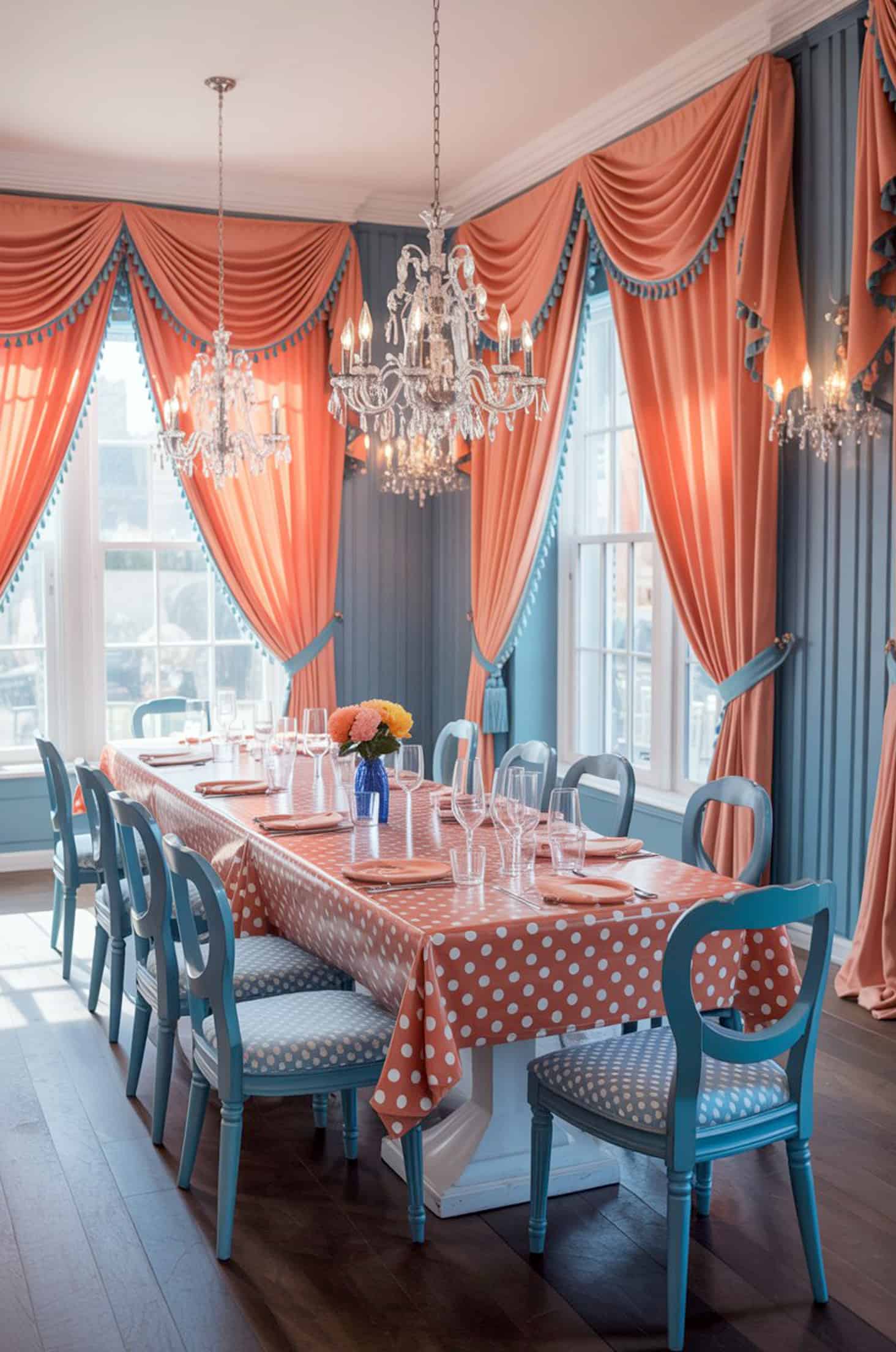 Chic coral and blue dining room with polka dot tables and fancy drapery