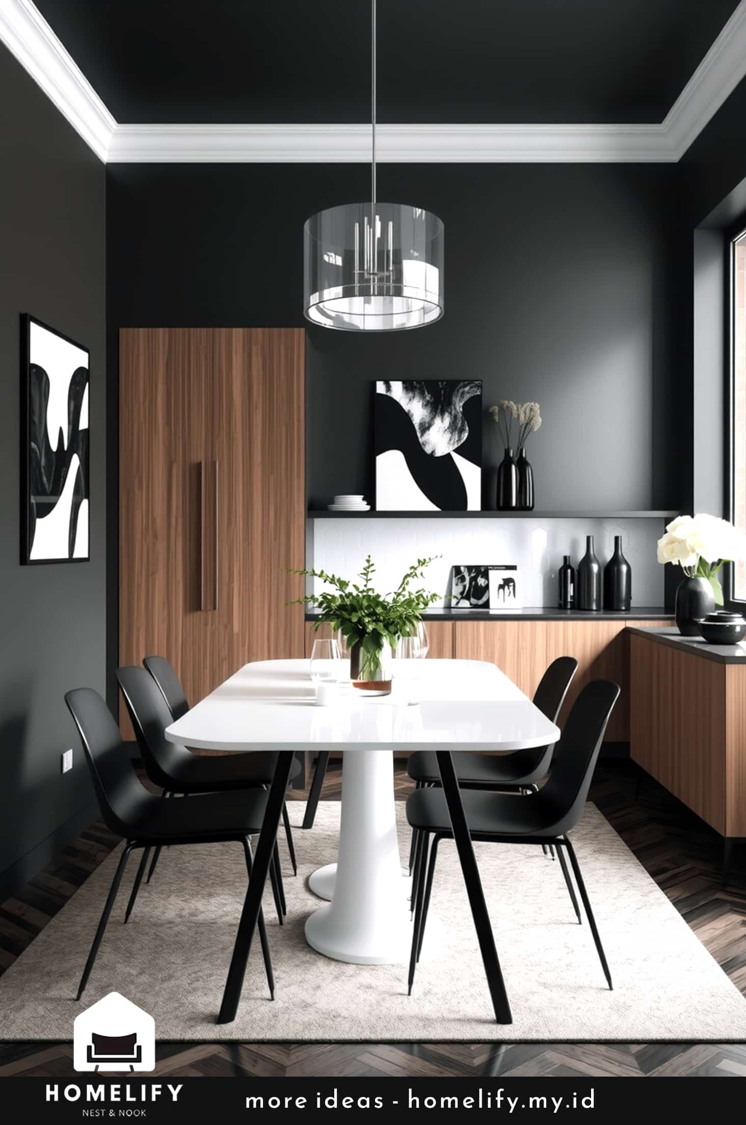 Chic dining room black furniture dark muted colors wood cabinets