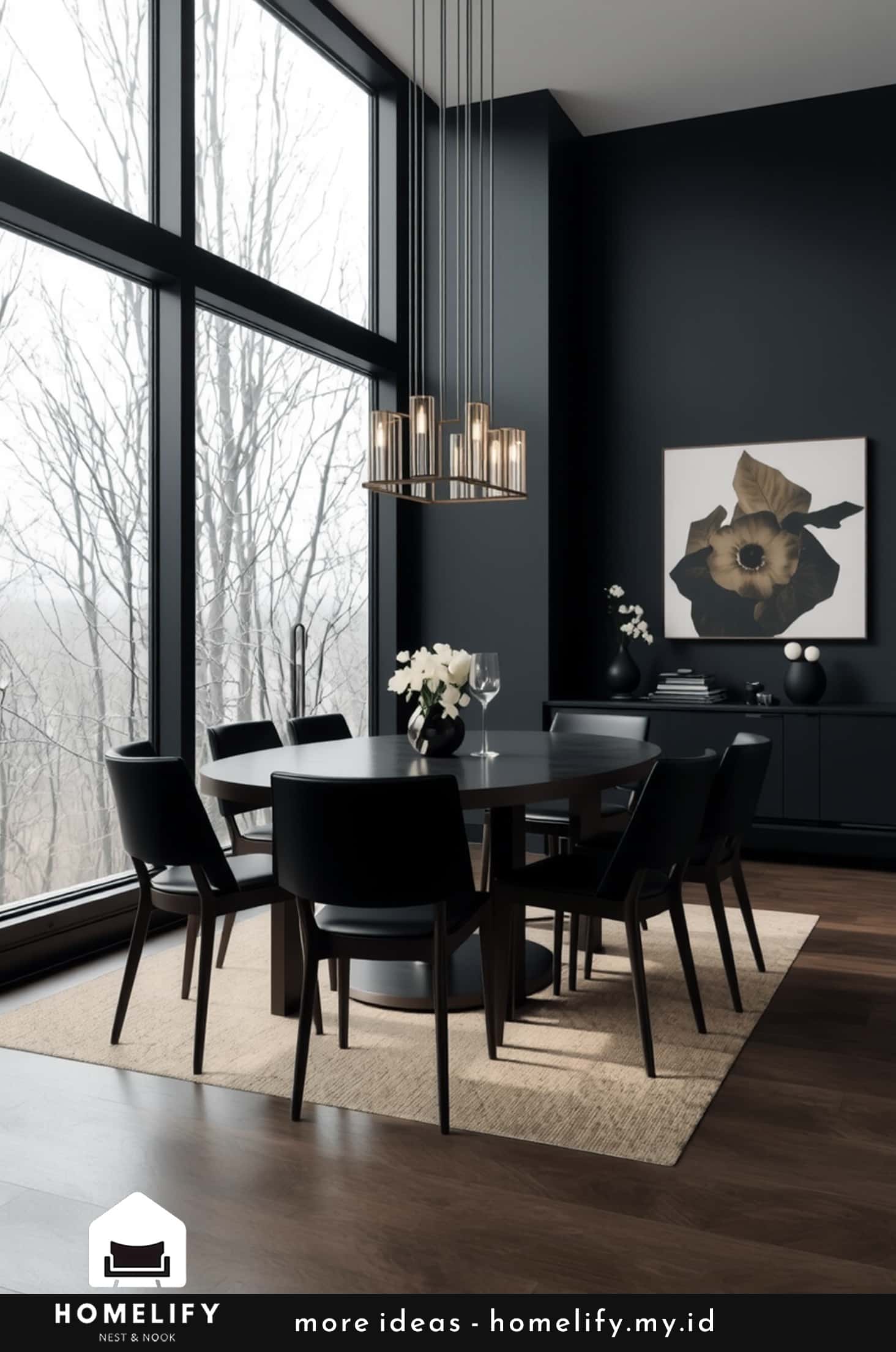 Chic dining room black furniture floor to ceiling windows elegant dark interior