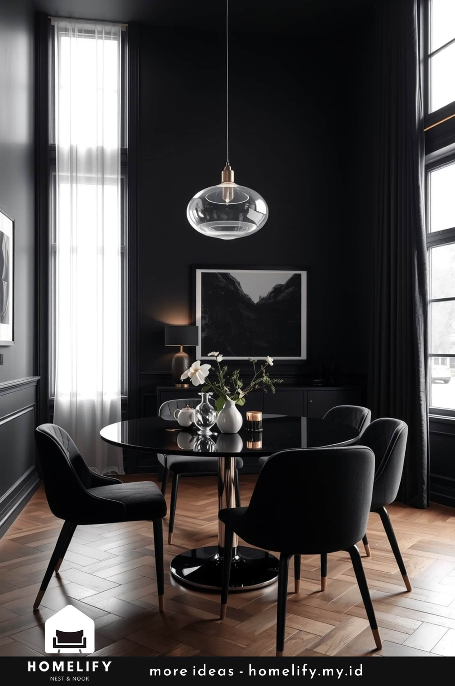 Chic dining room black furniture minimalist design volumetric lighting
