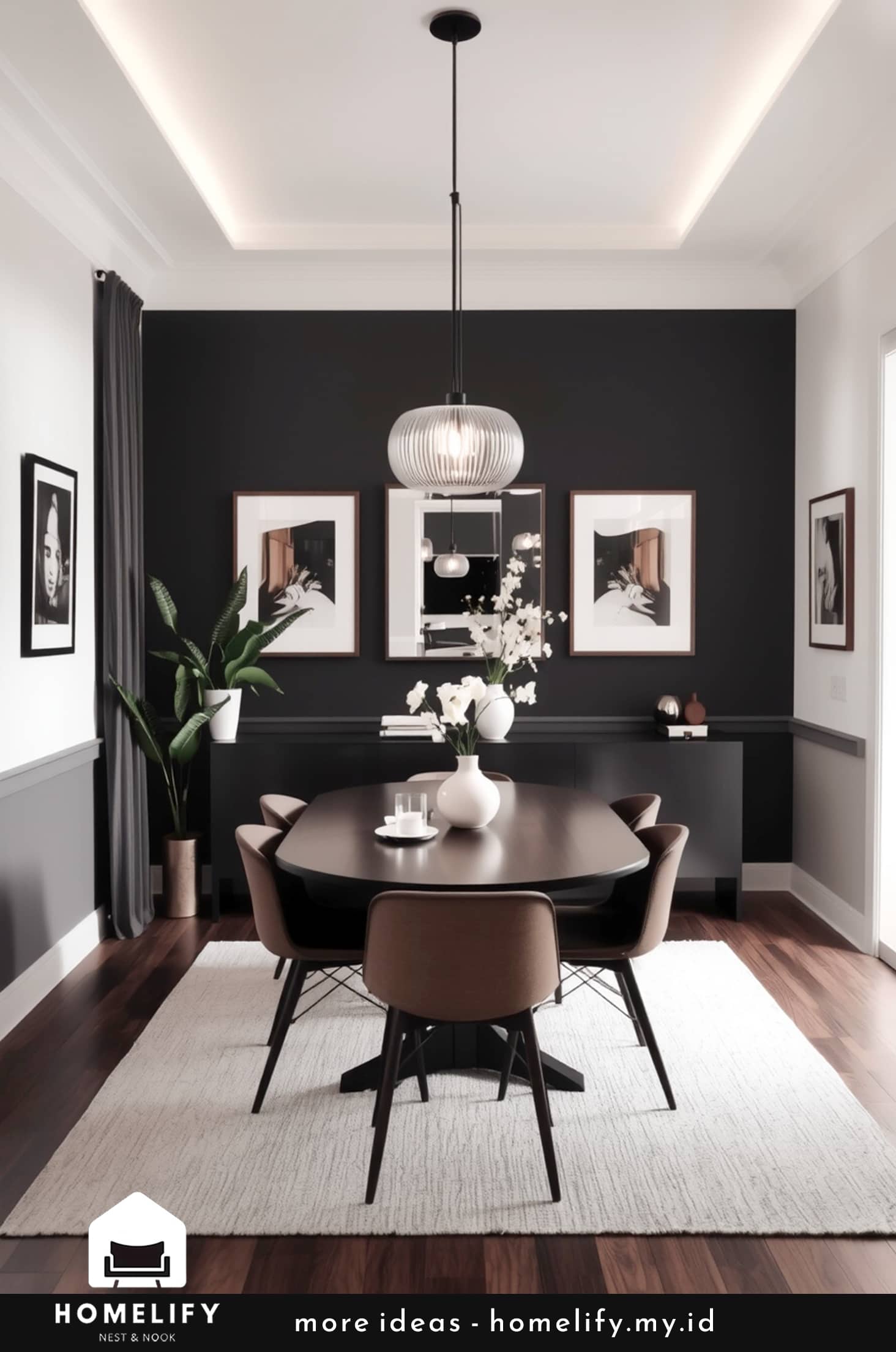 Chic dining room black furniture neutral tones elegant lighting