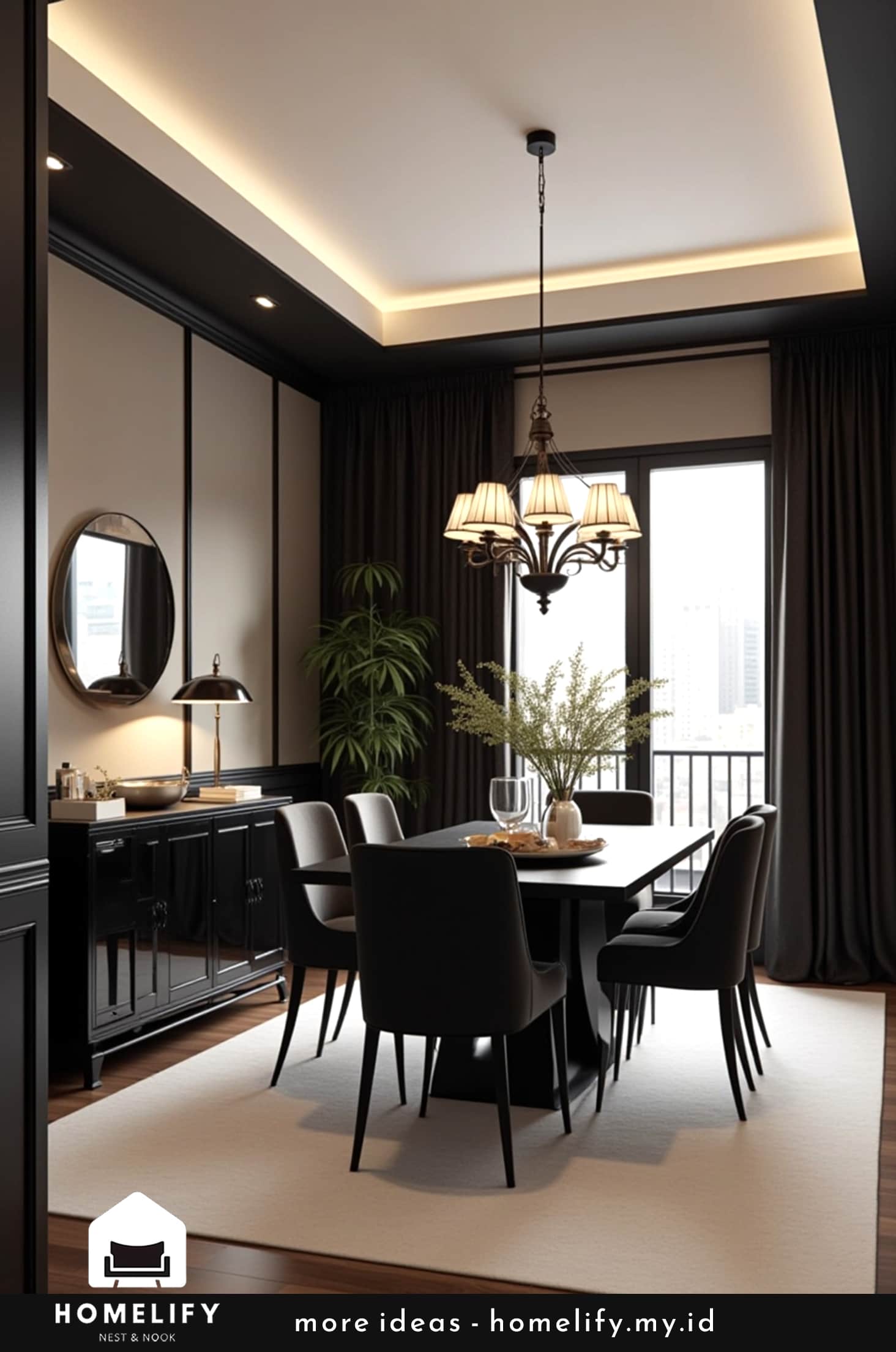 Chic dining room black furniture tiffany chandeliers monochromatic color scheme