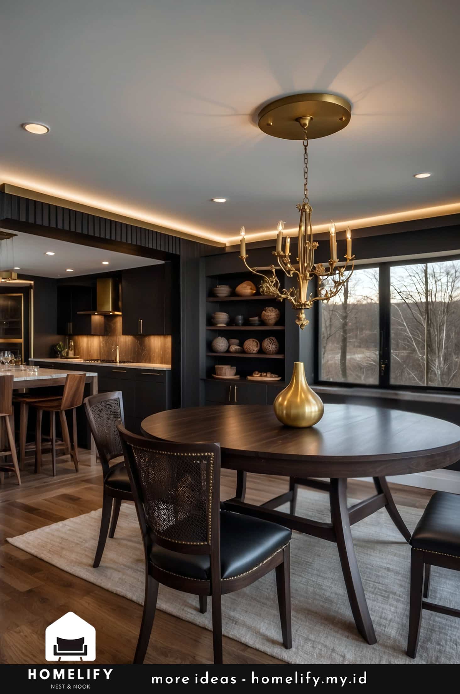 Chic dining room black walls wooden furniture brass accents