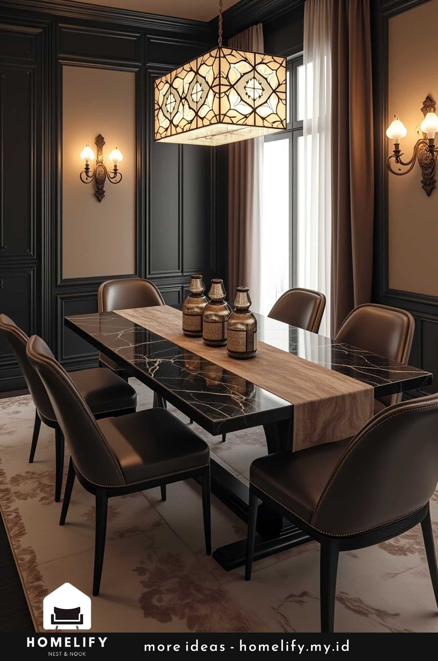 Chic dining room dark beige palette tiffany chandeliers peugot onyx accents