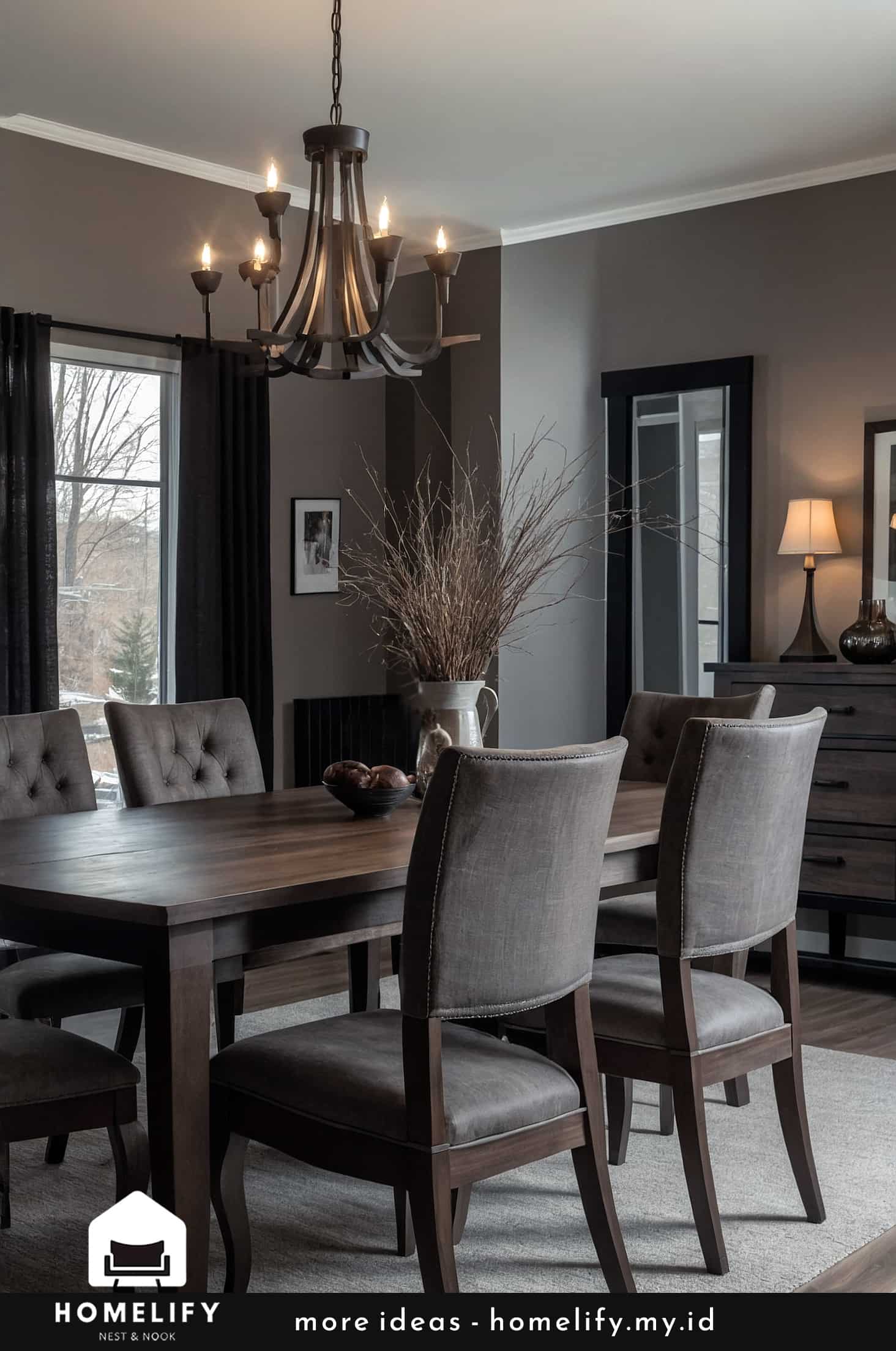 Chic dining room dark monochrome palette black furniture minimalist design