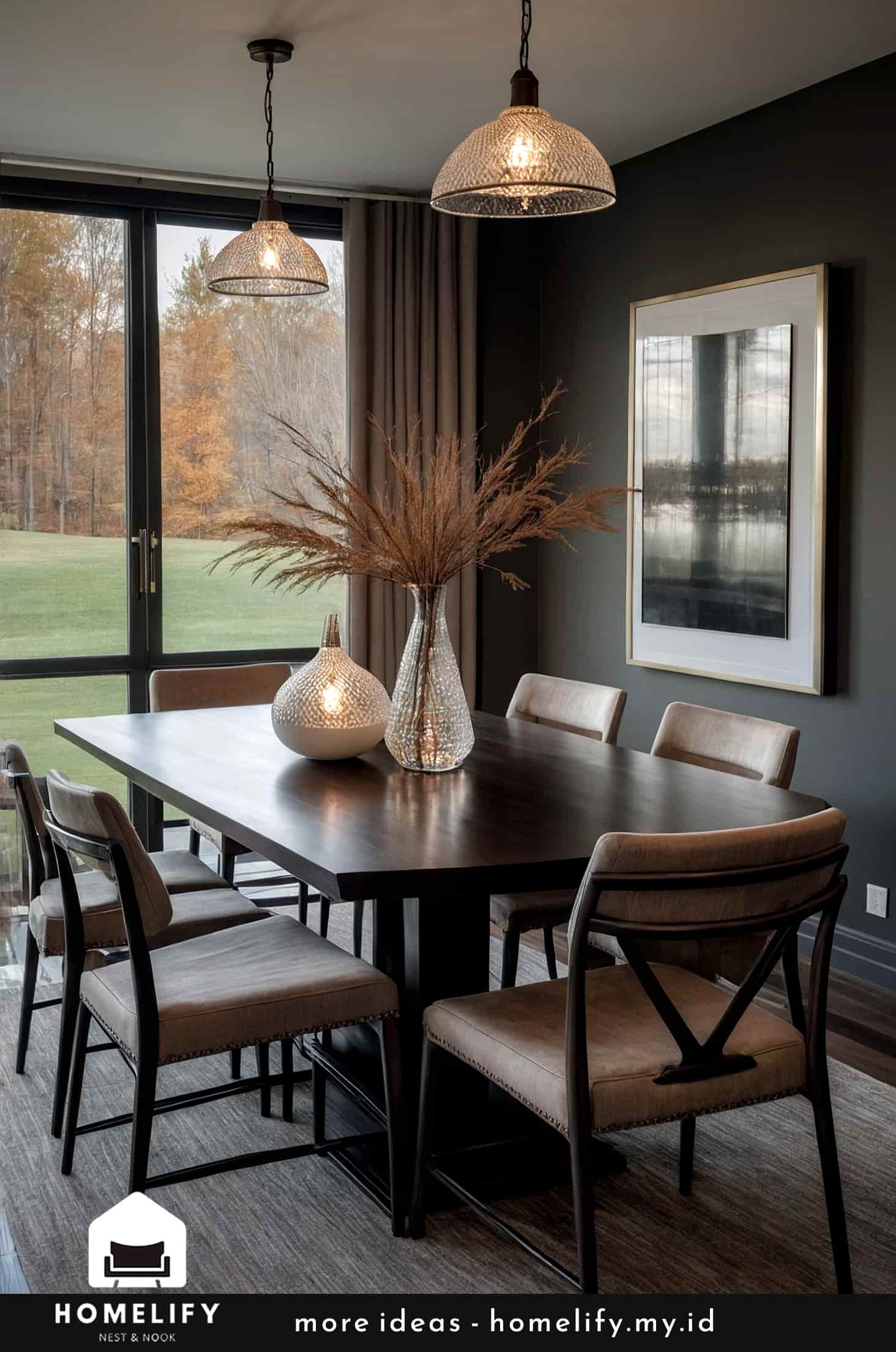 Chic dining room dark muted colors tiffany chandeliers