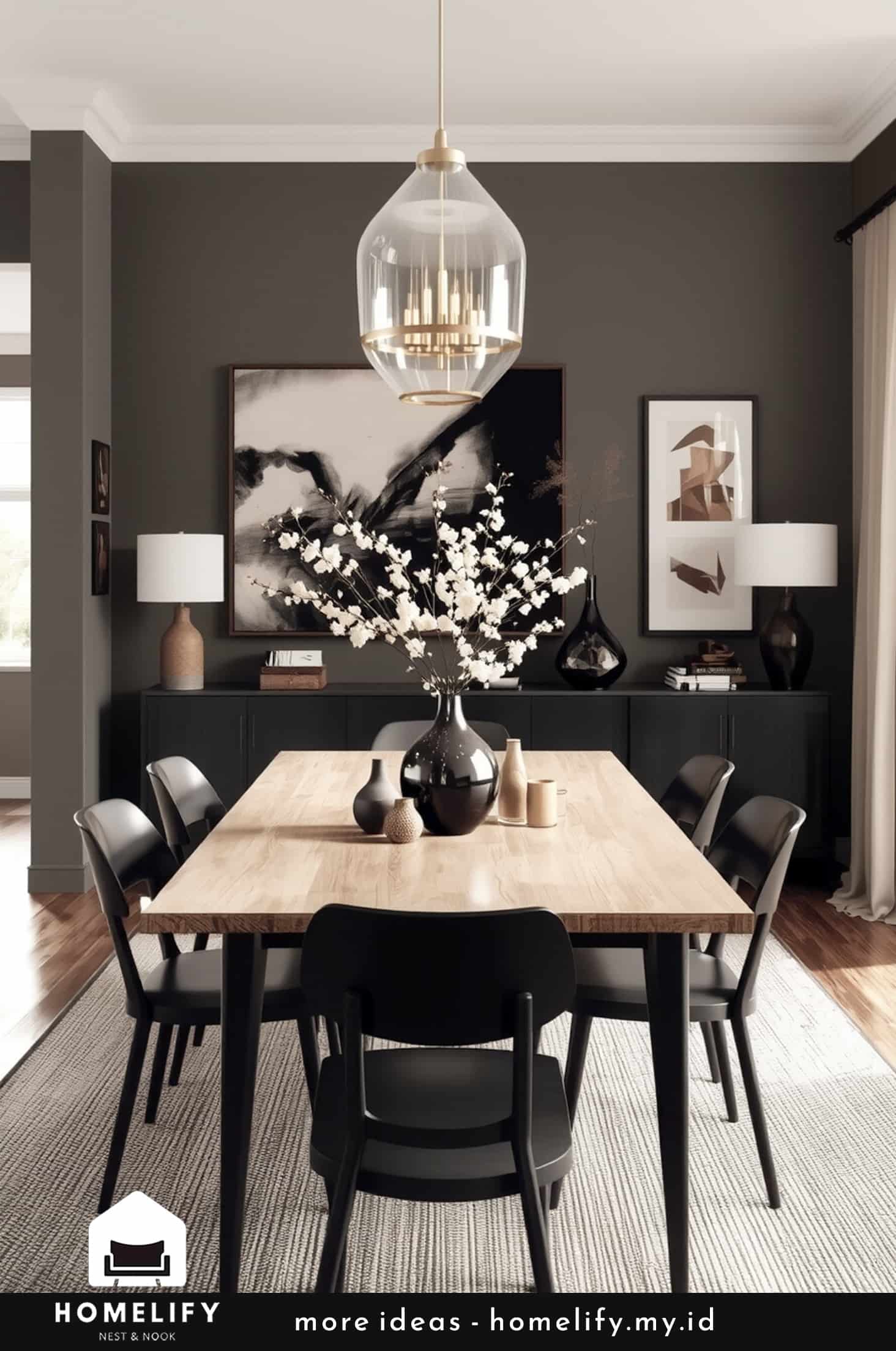 Chic dining room decor with brown & cream table set and voodoo vase