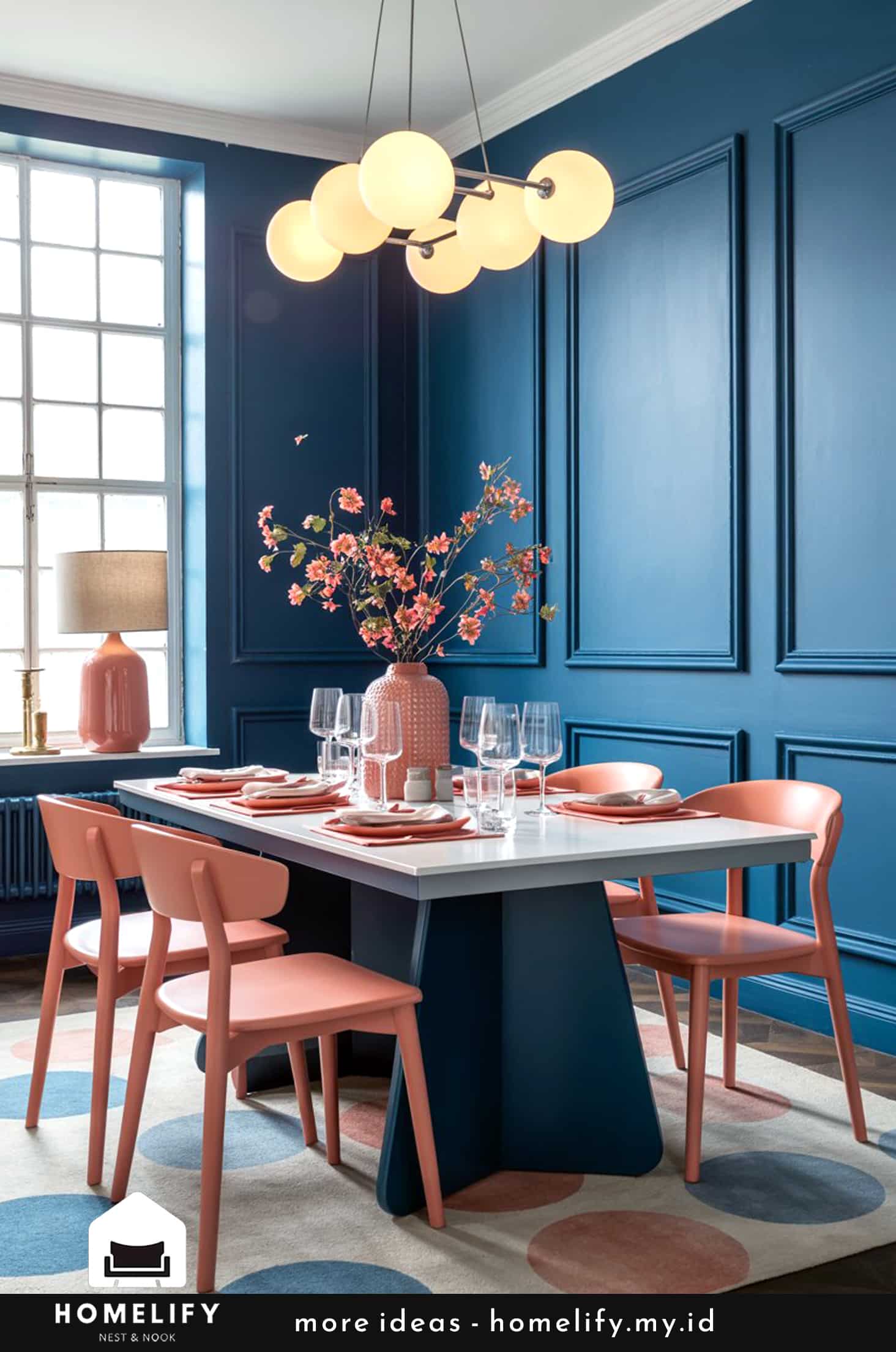 Chic dining room with blue and pink accents trendy furniture & dreamy lighting