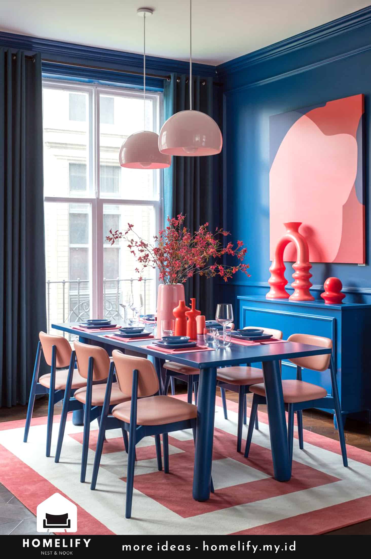 Chic dining room with bold blue & pink palette and trendy accents
