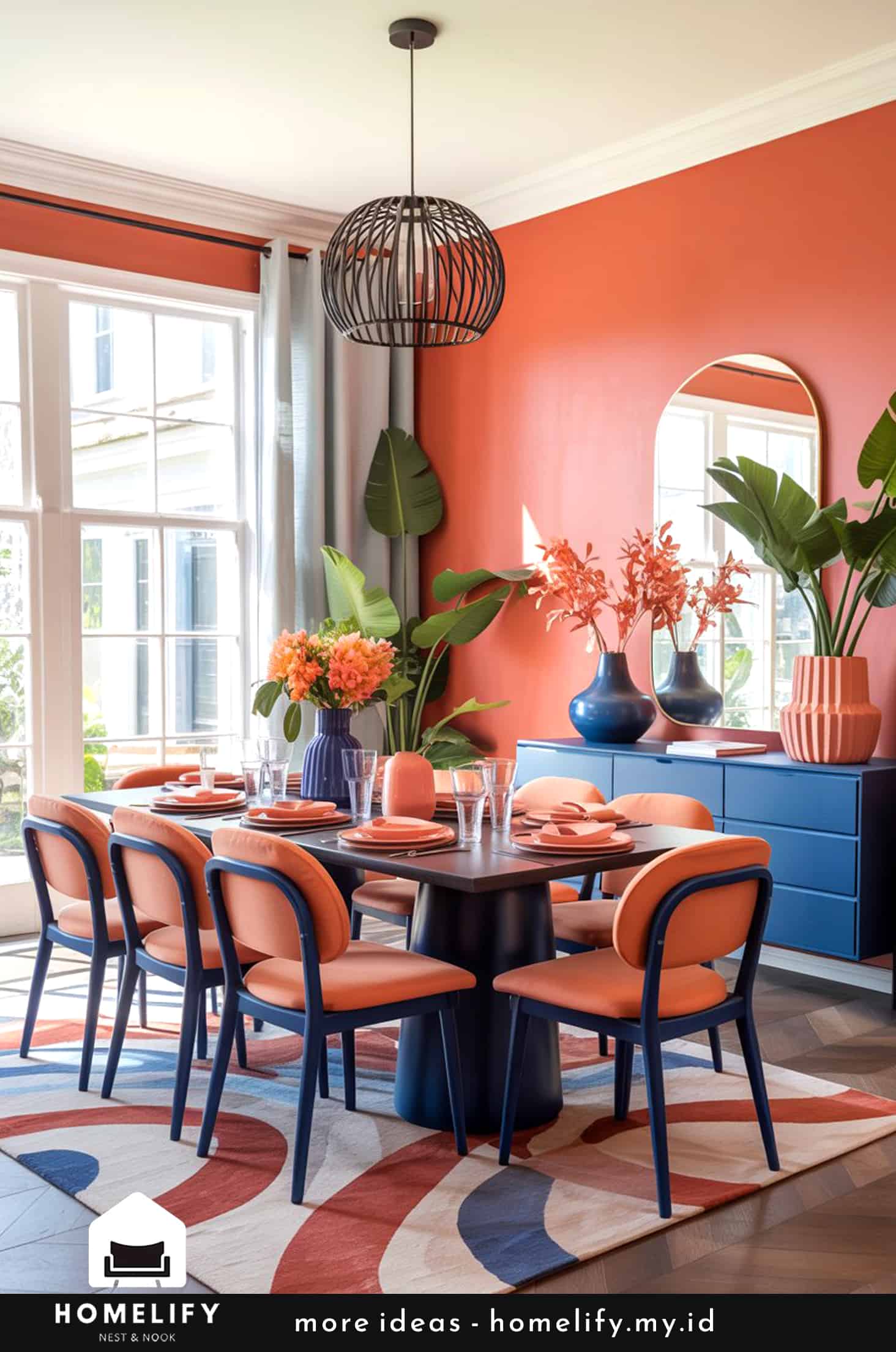 Chic dining room with coral & navy accents and trendy furniture