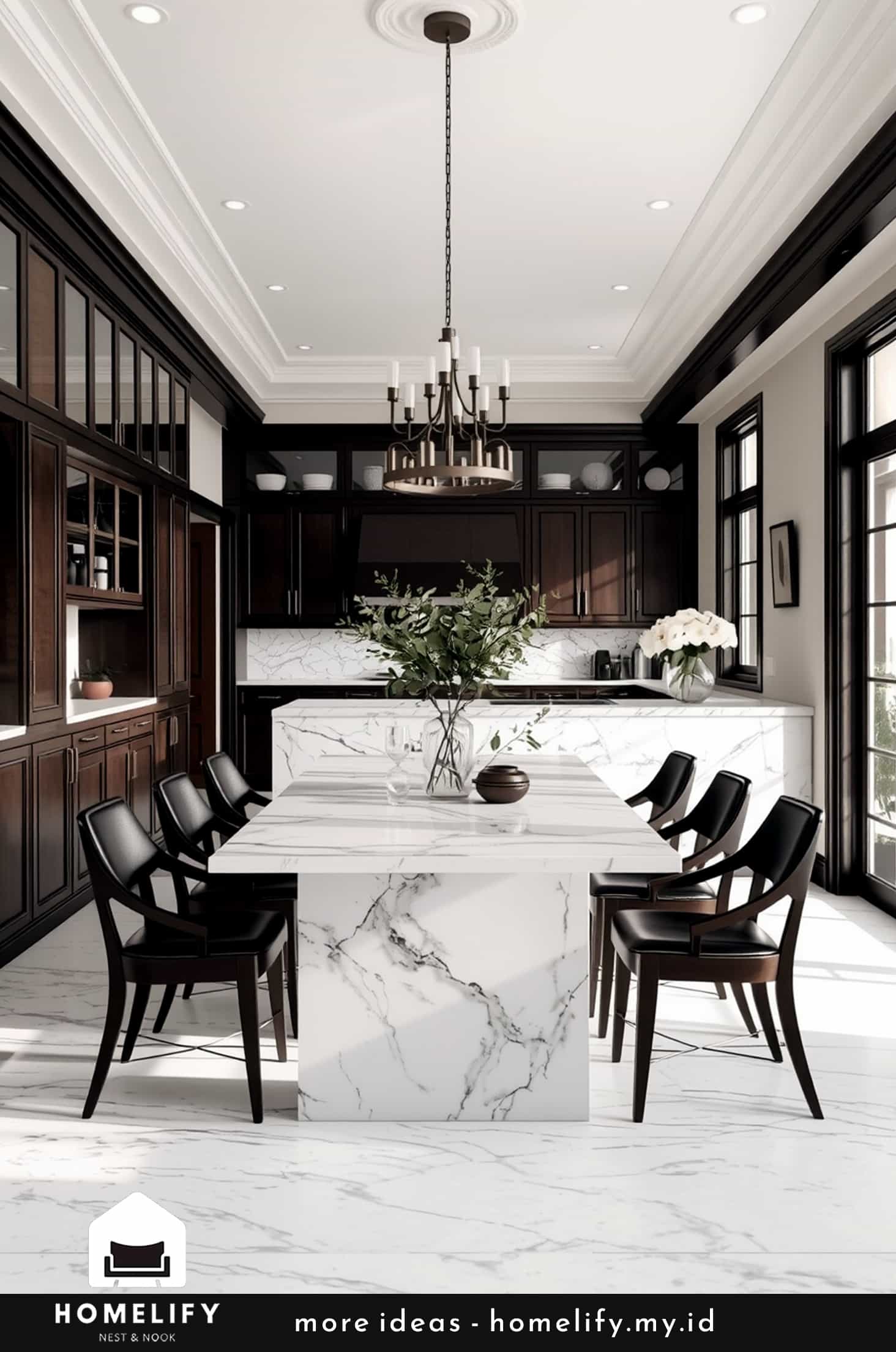 Chic dining room with dark wood furniture and marble countertops