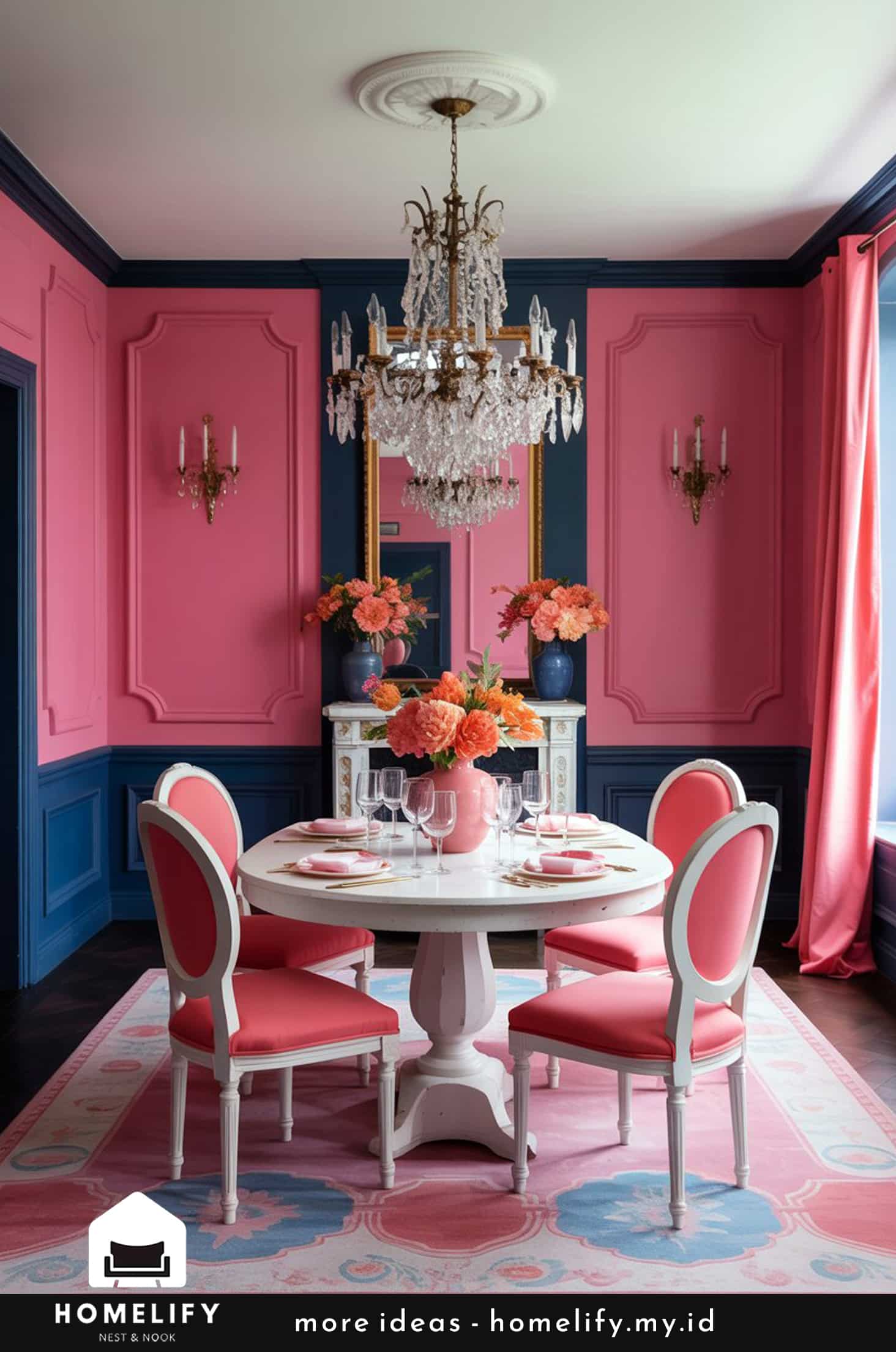 Chic dining room with directoire style and bold pink & navy palette