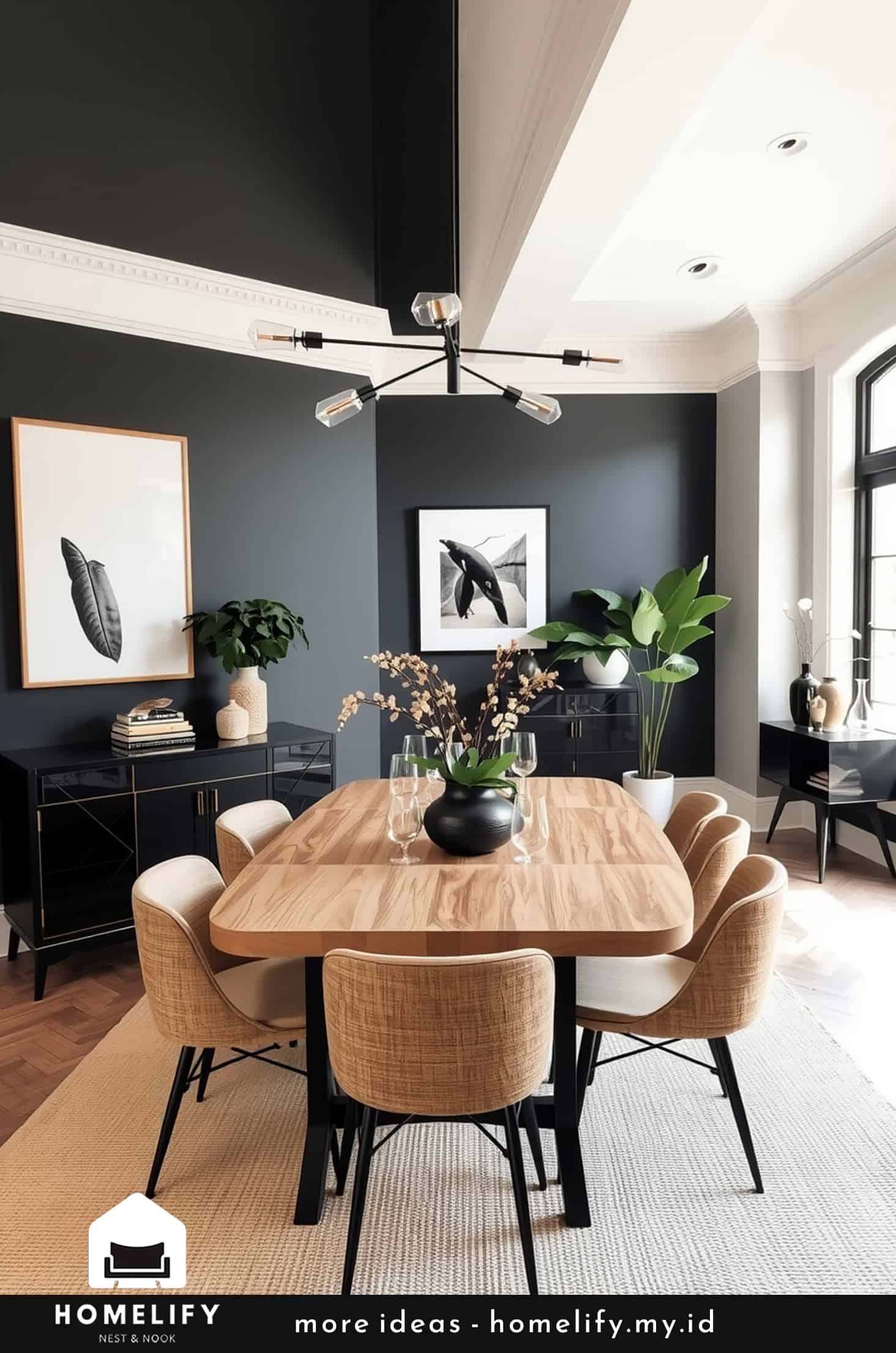Chic dining room with modern black furniture and neutral tones