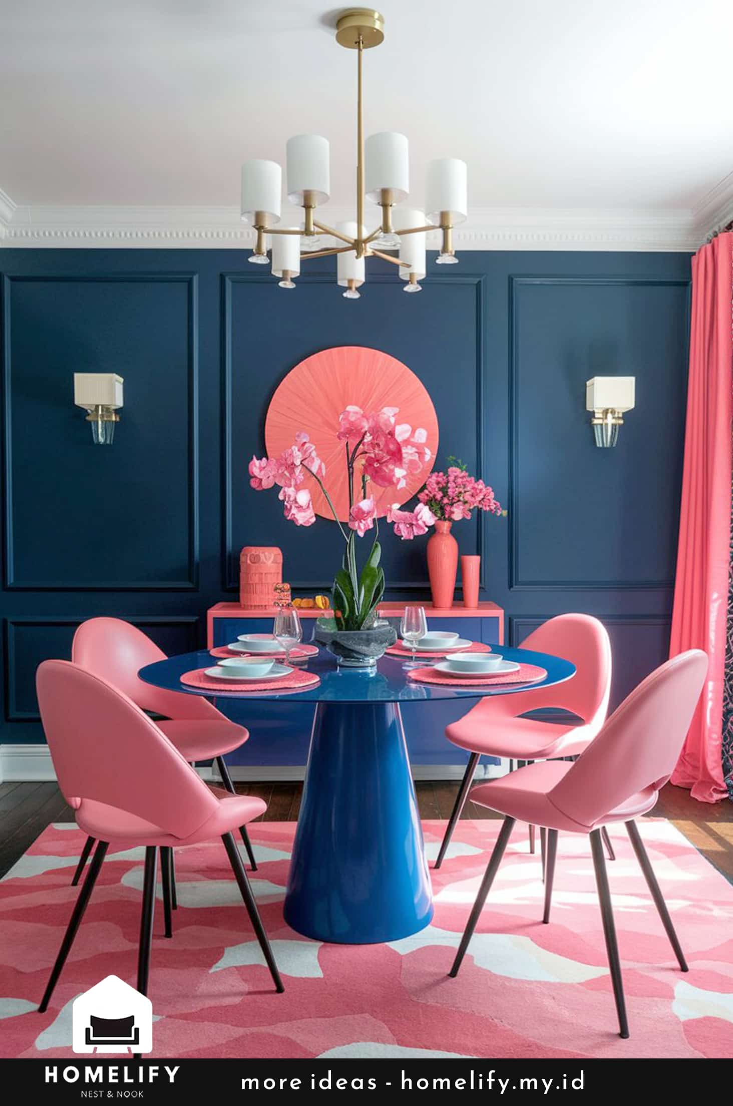 Chic dining room with navy blue, coral & pink accents for a bold, elegant look