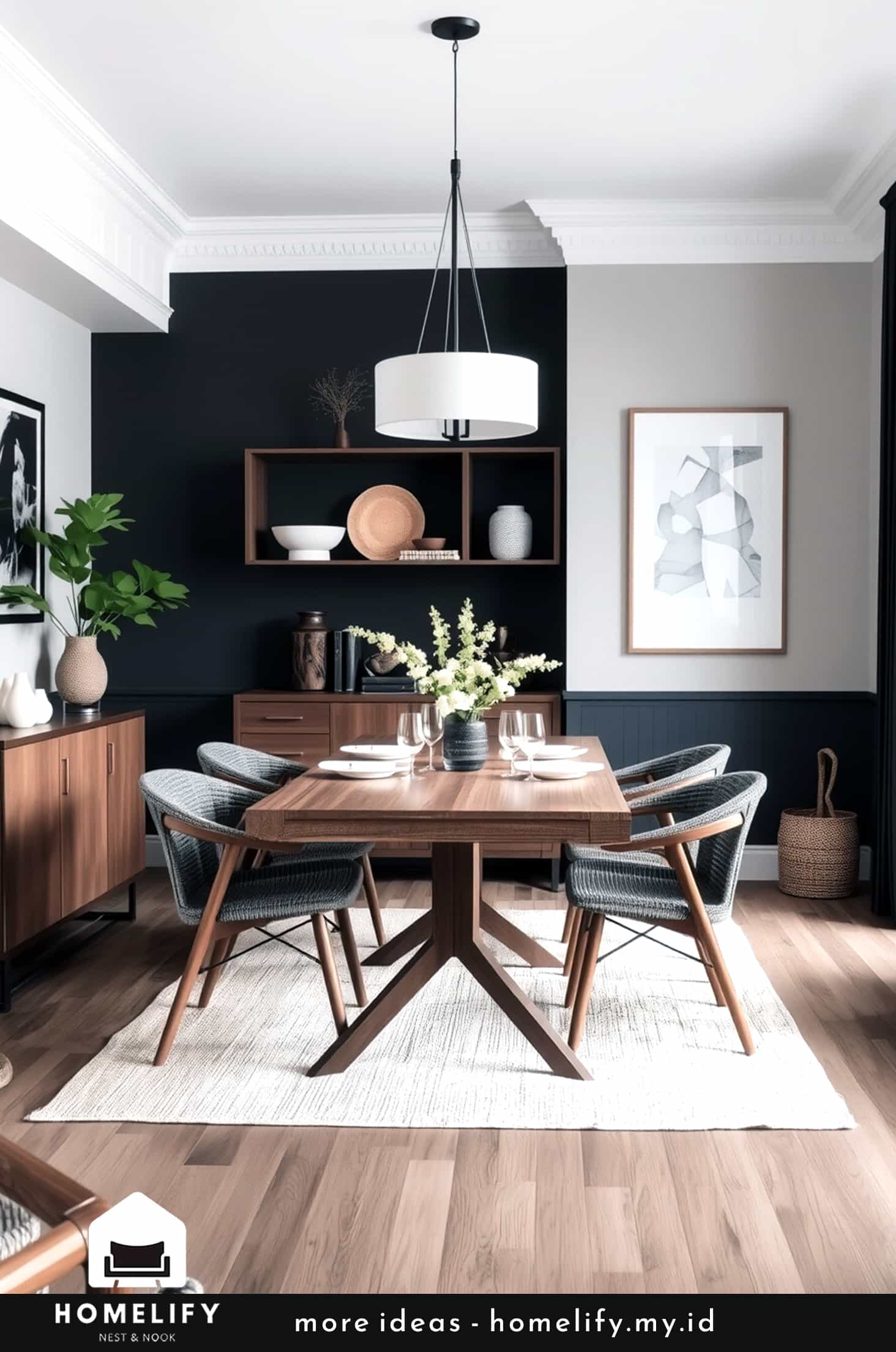 Chic dining room with teak table, brown wood cabinets, and earth tone decor