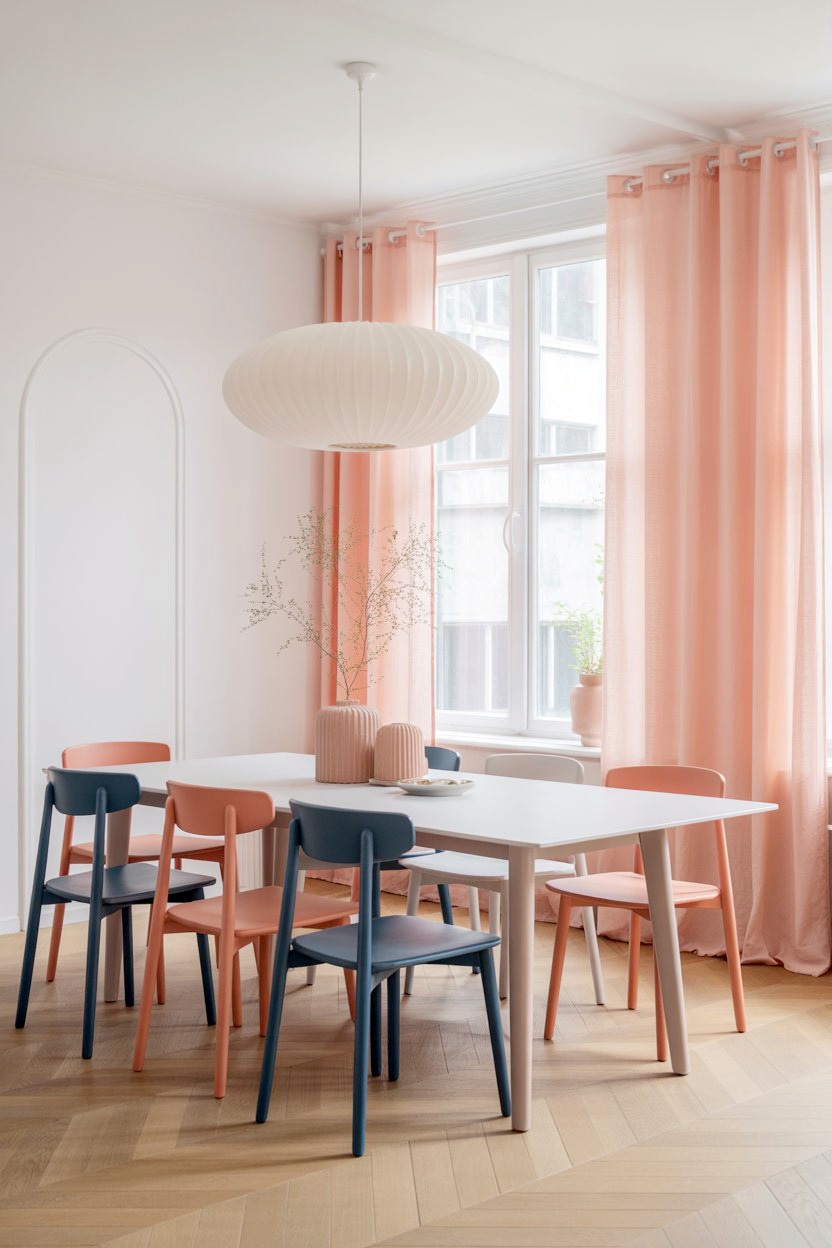 Chic nordic dining room navy blue and coral chairs with white table