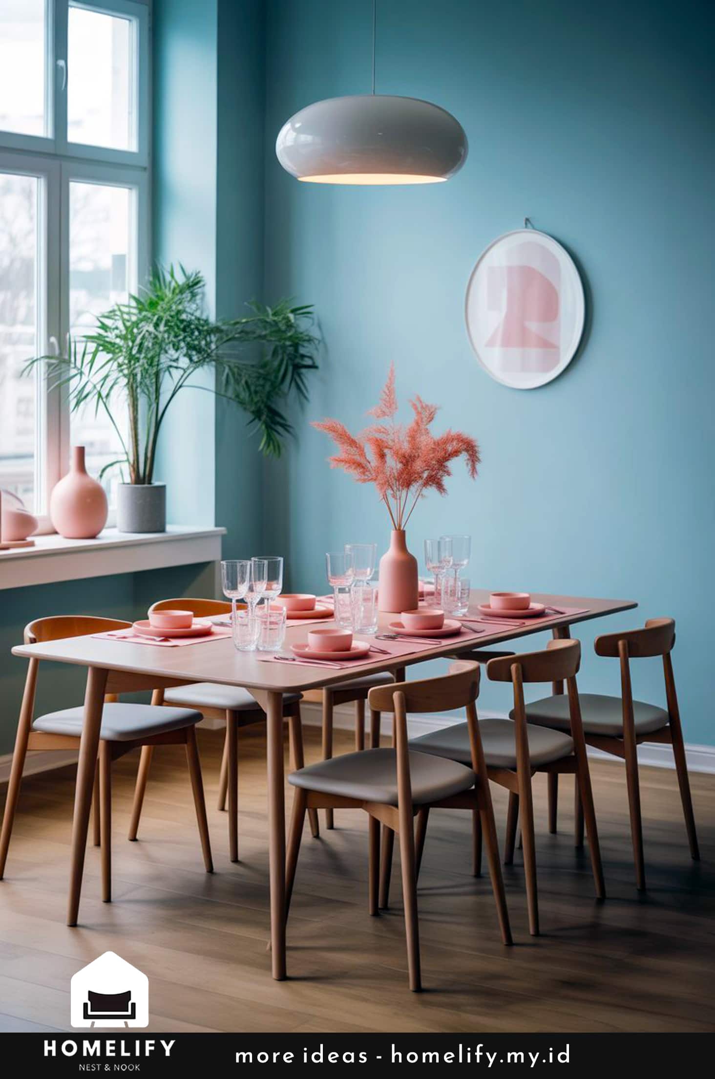 Chic nordic dining room with pastel blue & coral accents