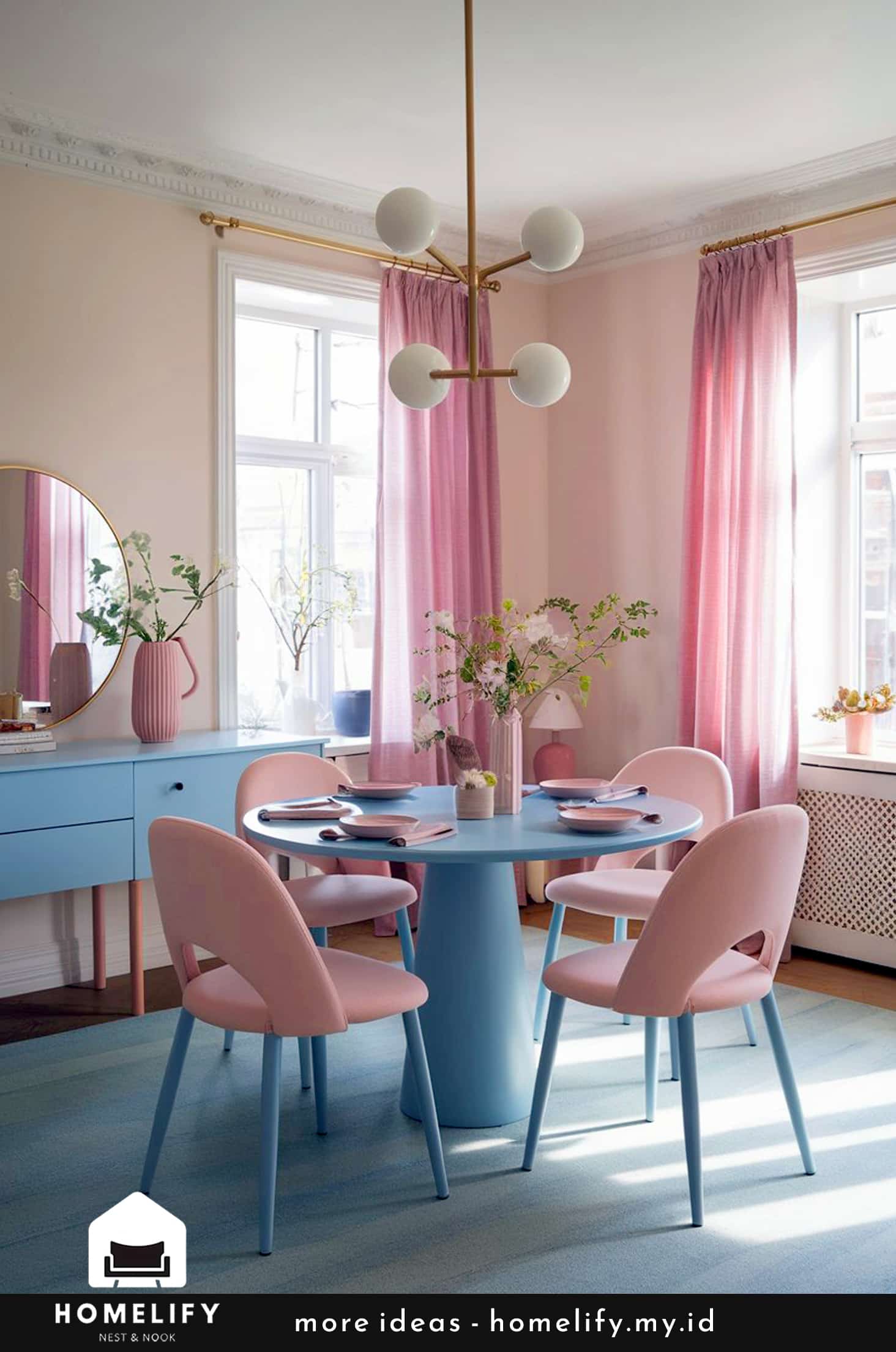 Chic nordic dining room with pastel blues, pinks, and elegant furniture