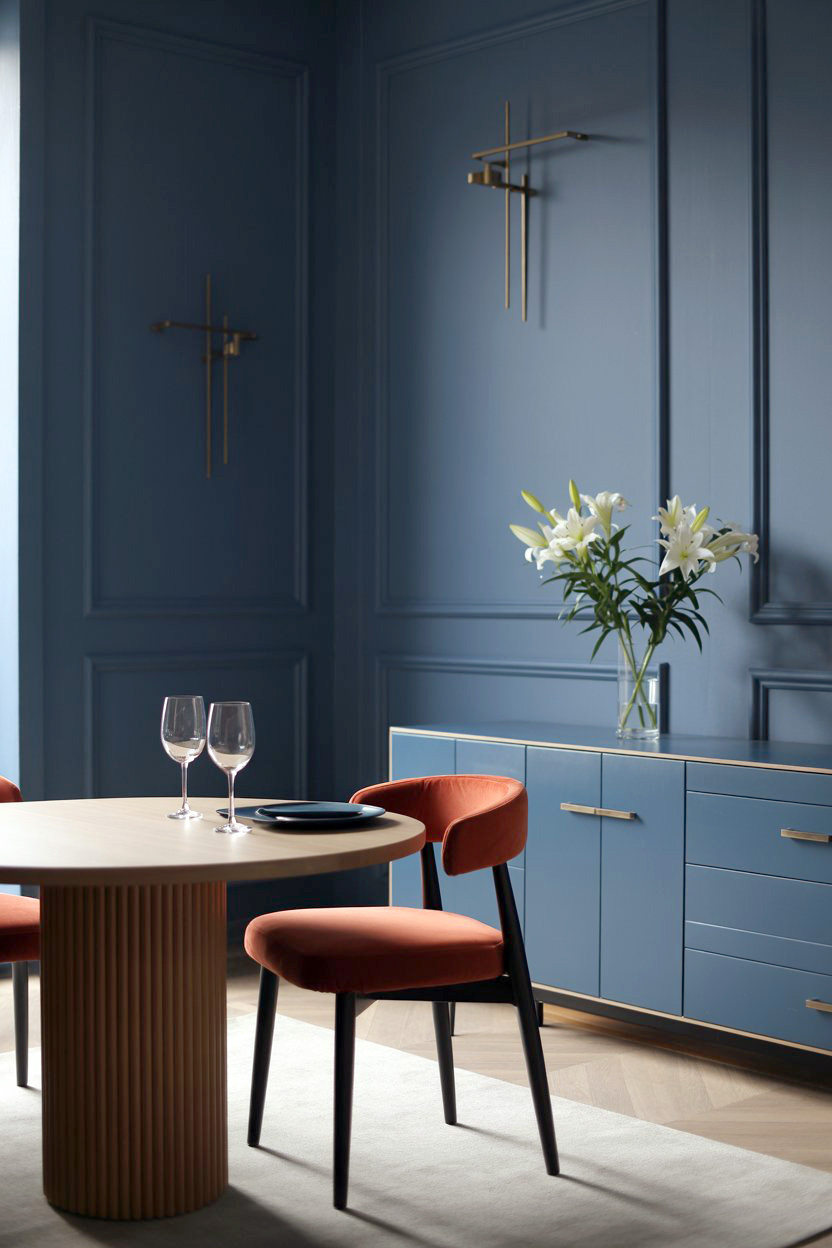 Chic nordic dining room with vibrant blue & coral accents and modern furniture