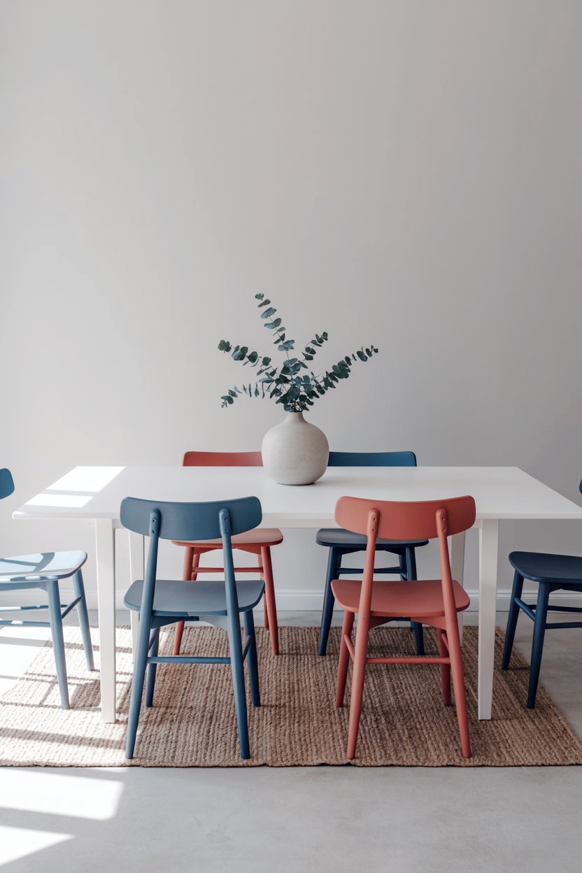 Chic nordic pastel dining room with coral and blue chairs