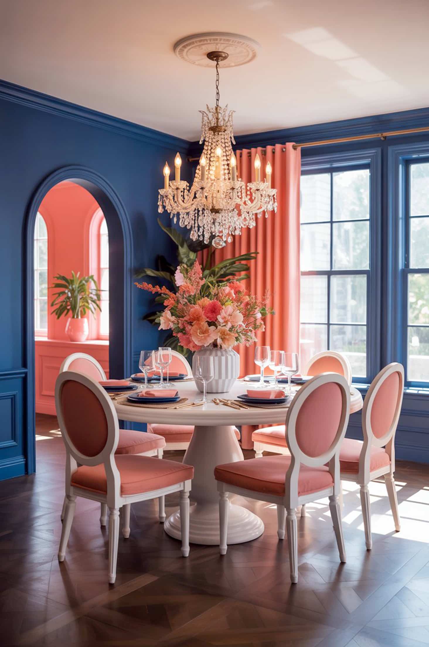 Chic pastel paradise tiffany chandeliers, navy & coral hues in a glamorous room