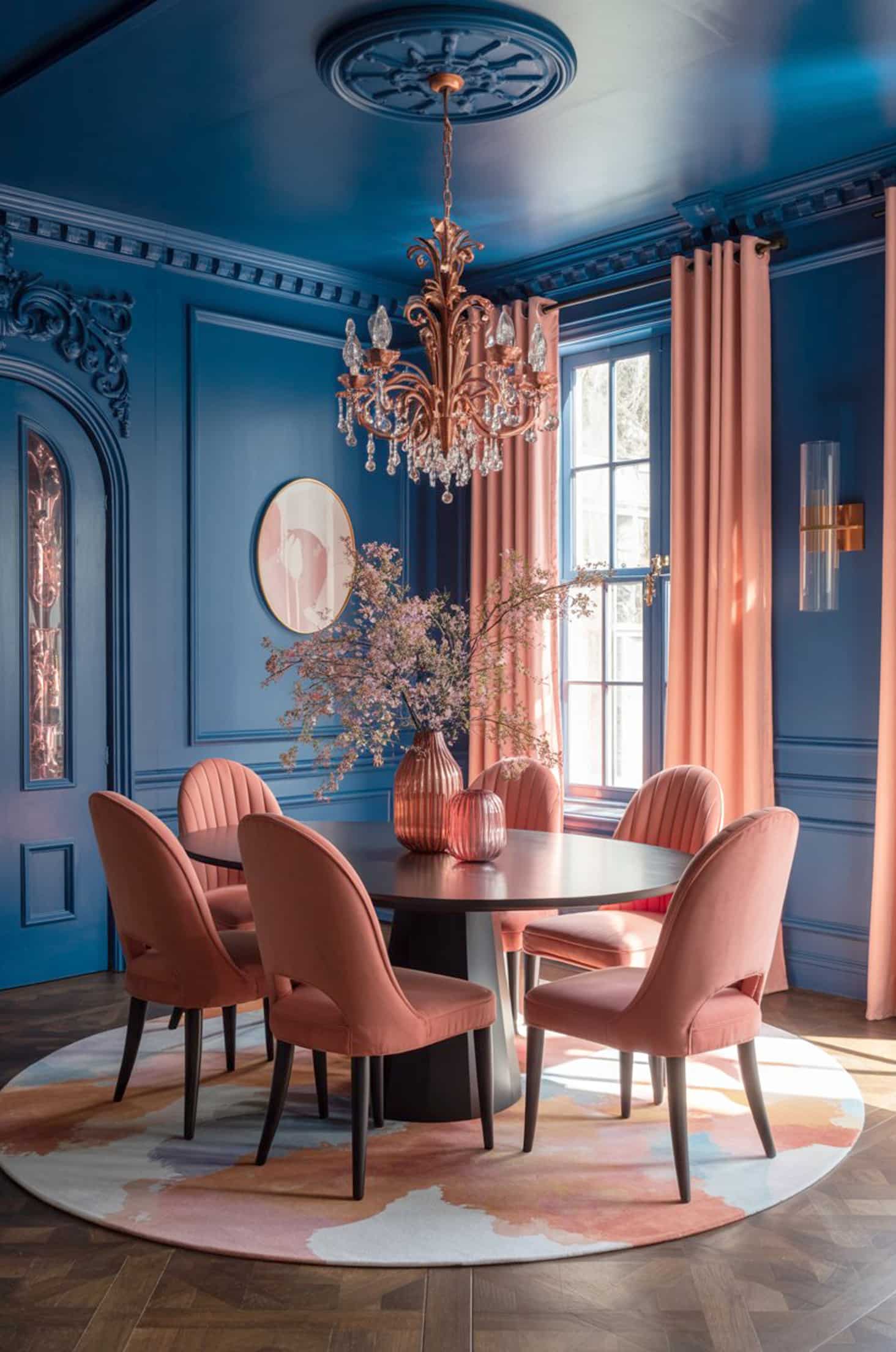 Chic rococo dining room navy & coral palette with copper accents