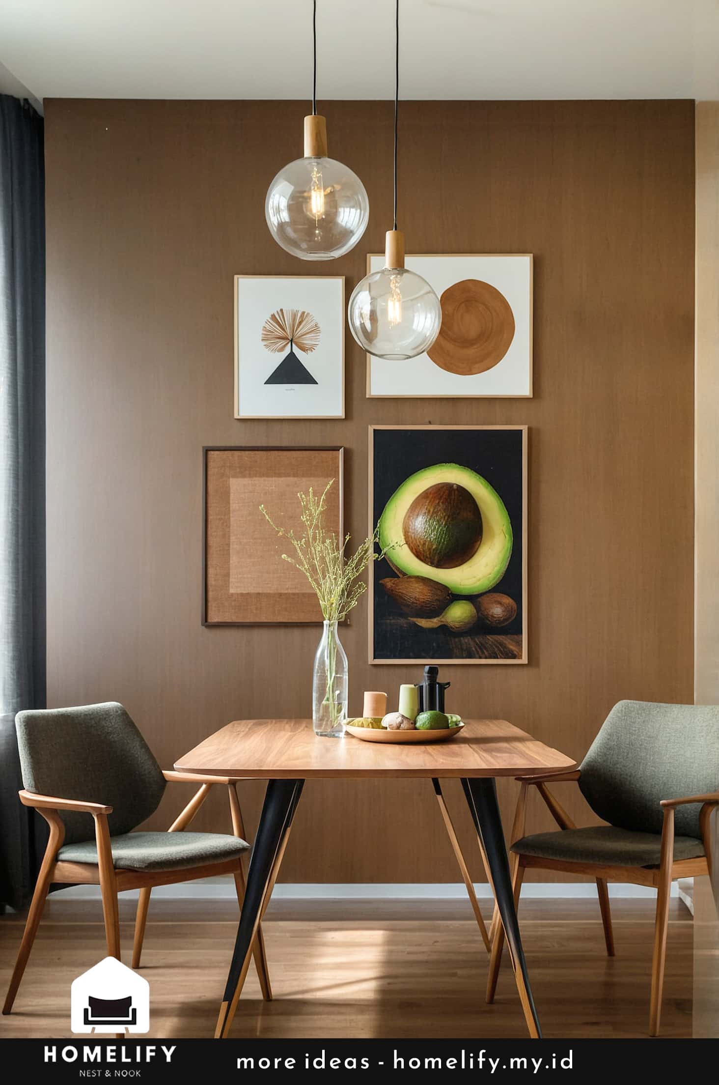 Chic teak dining table with bold avocado chairs