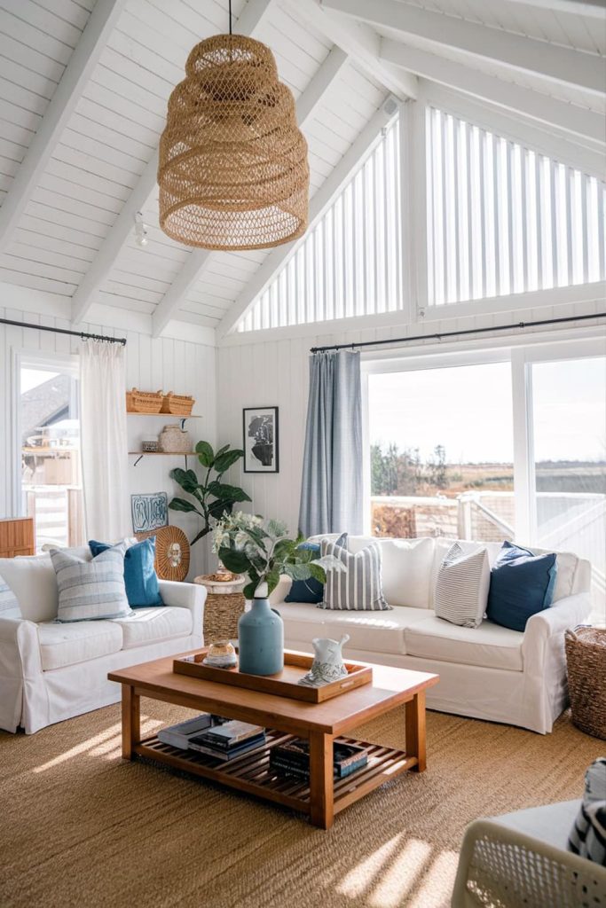 Coastal barndominium living room decor ideas