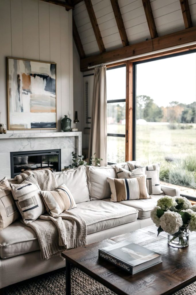 Contemporary barndominium living room with metal accents