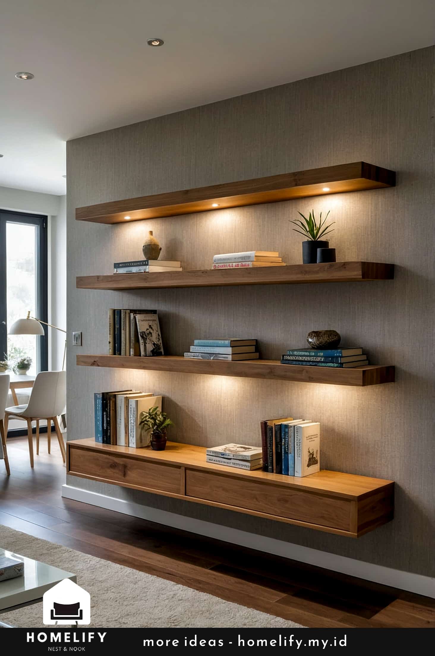 Contemporary bookshelf design with floating shelves and soft lighting